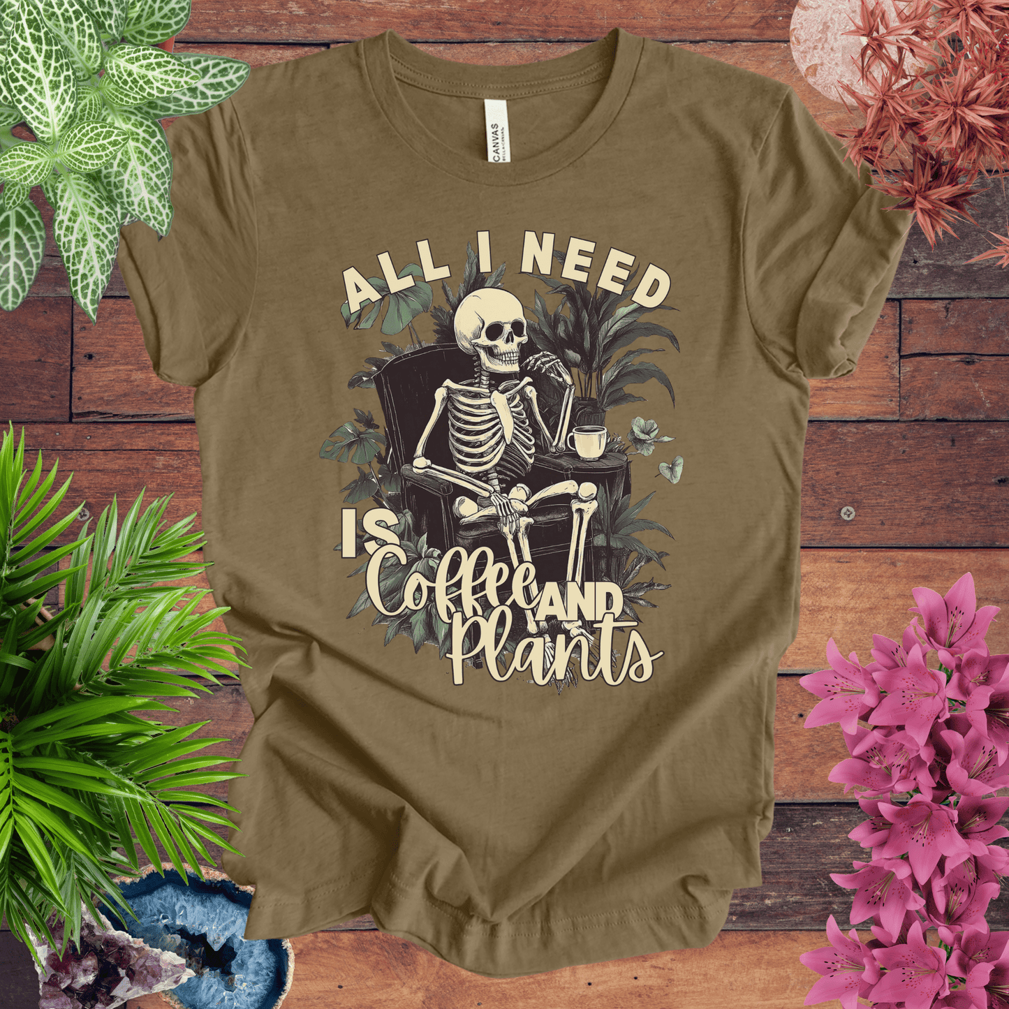 Printify T-Shirt Heather Olive / S All I Need Is Coffee and Plants T-Shirt
