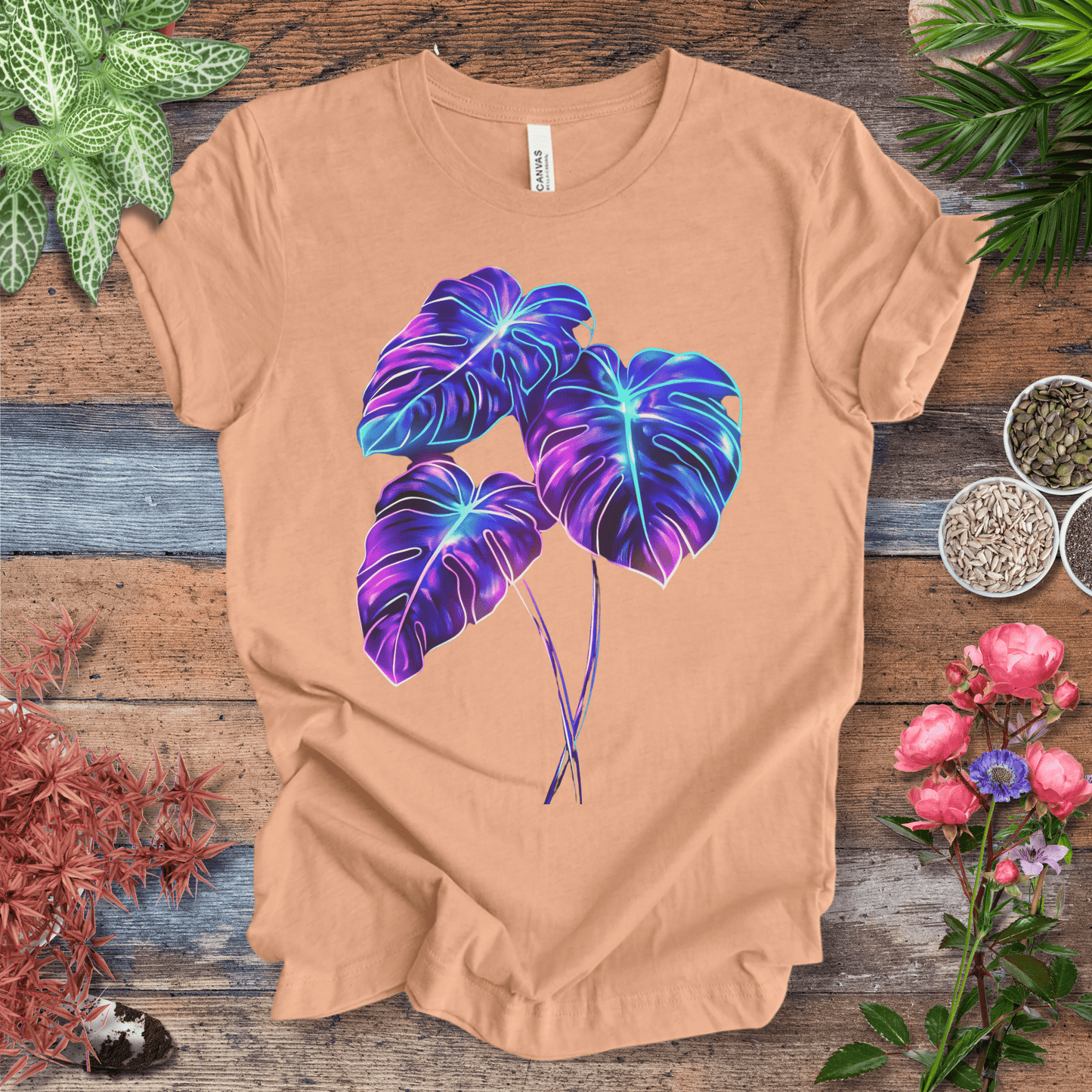 Printify T-Shirt Heather Peach / S Bioluminescent Monstera Jungle Plant Lover Aesthetic T-Shirt