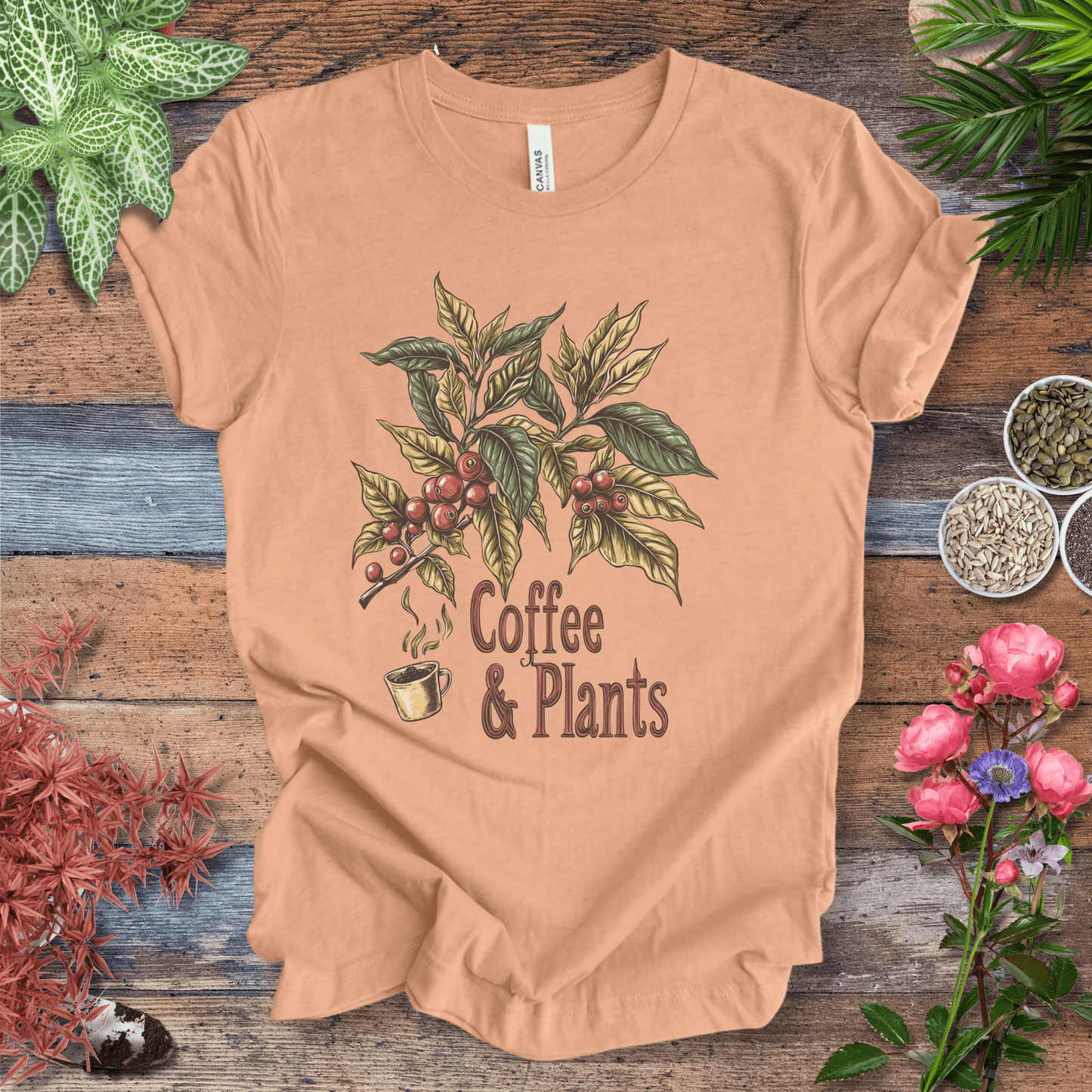 Printify T-Shirt Heather Peach / S Coffee & Plants Botanical T-Shirt