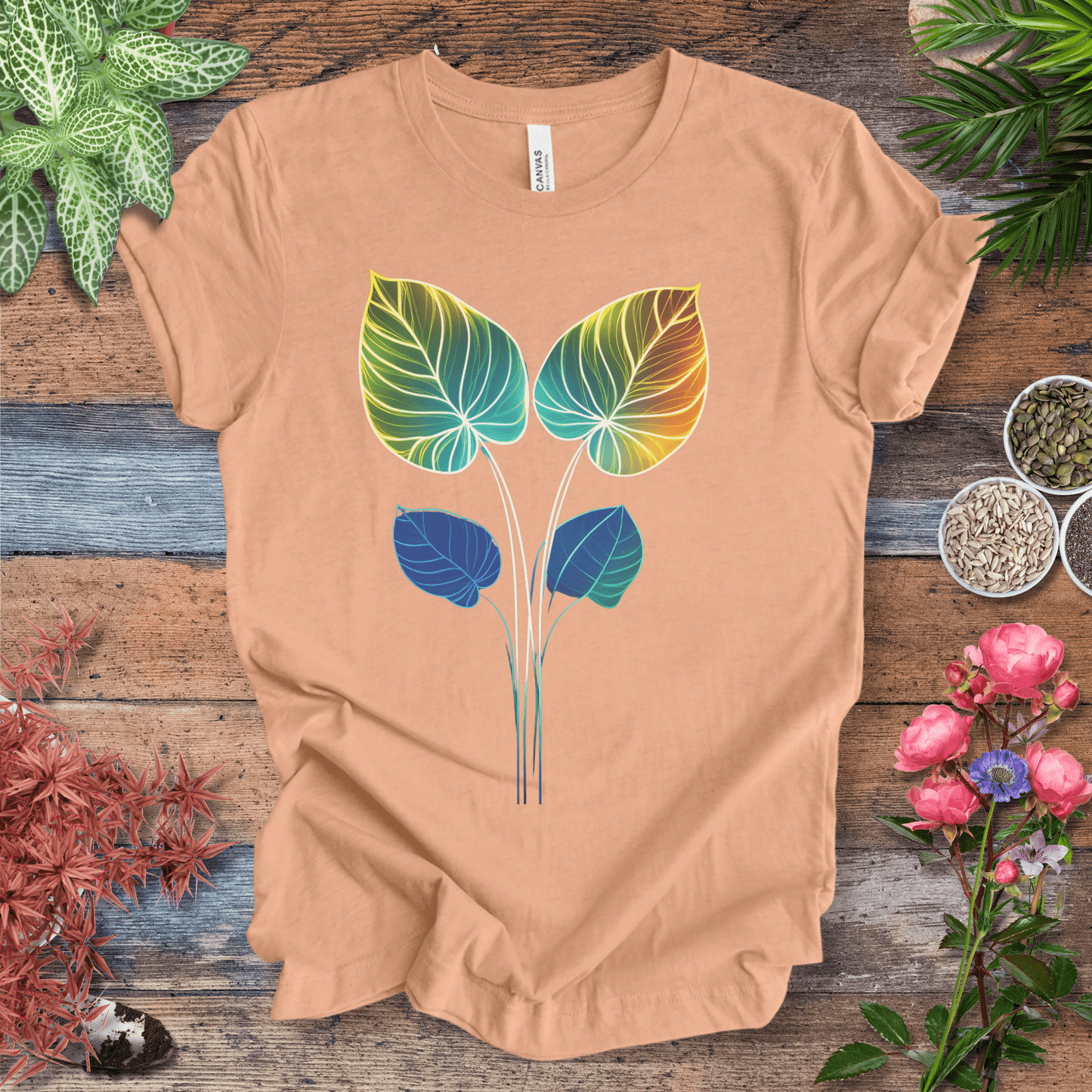 Printify T-Shirt Heather Peach / S Glowing Futuristic Leaves Botanical Nature Lover T-Shirt