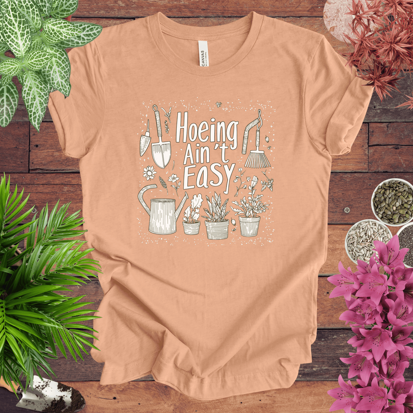 Printify T-Shirt Heather Peach / S Hoeing Ain’t Easy Funny Gardening T-Shirt