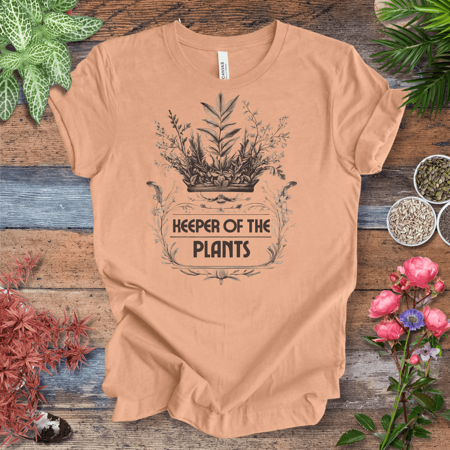 Printify T-Shirt Heather Peach / S Keeper of the Plants – Vintage Monochrome Edition Elegant Gardener Tee