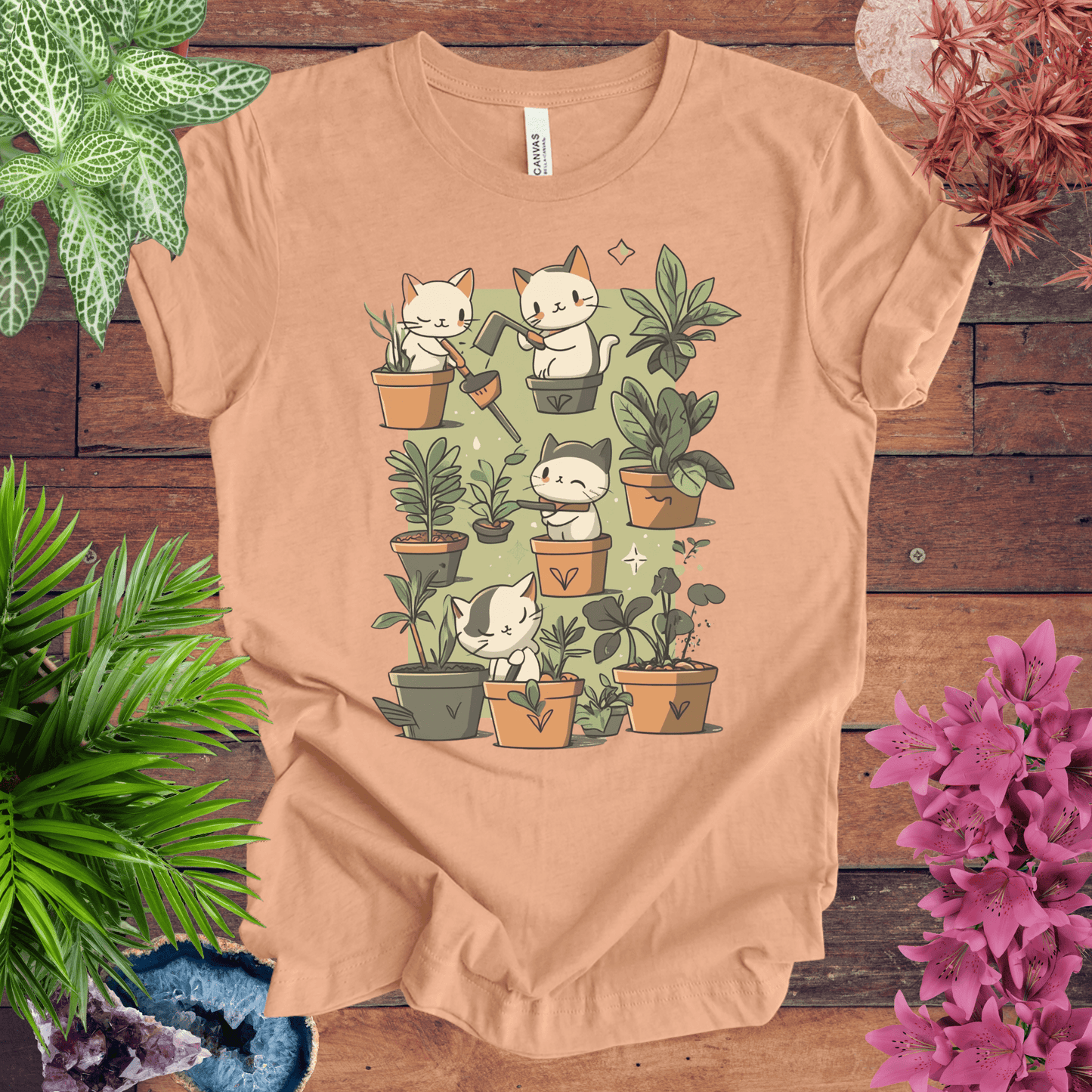 Printify T-Shirt Heather Peach / S Kittens in the Garden T-Shirt