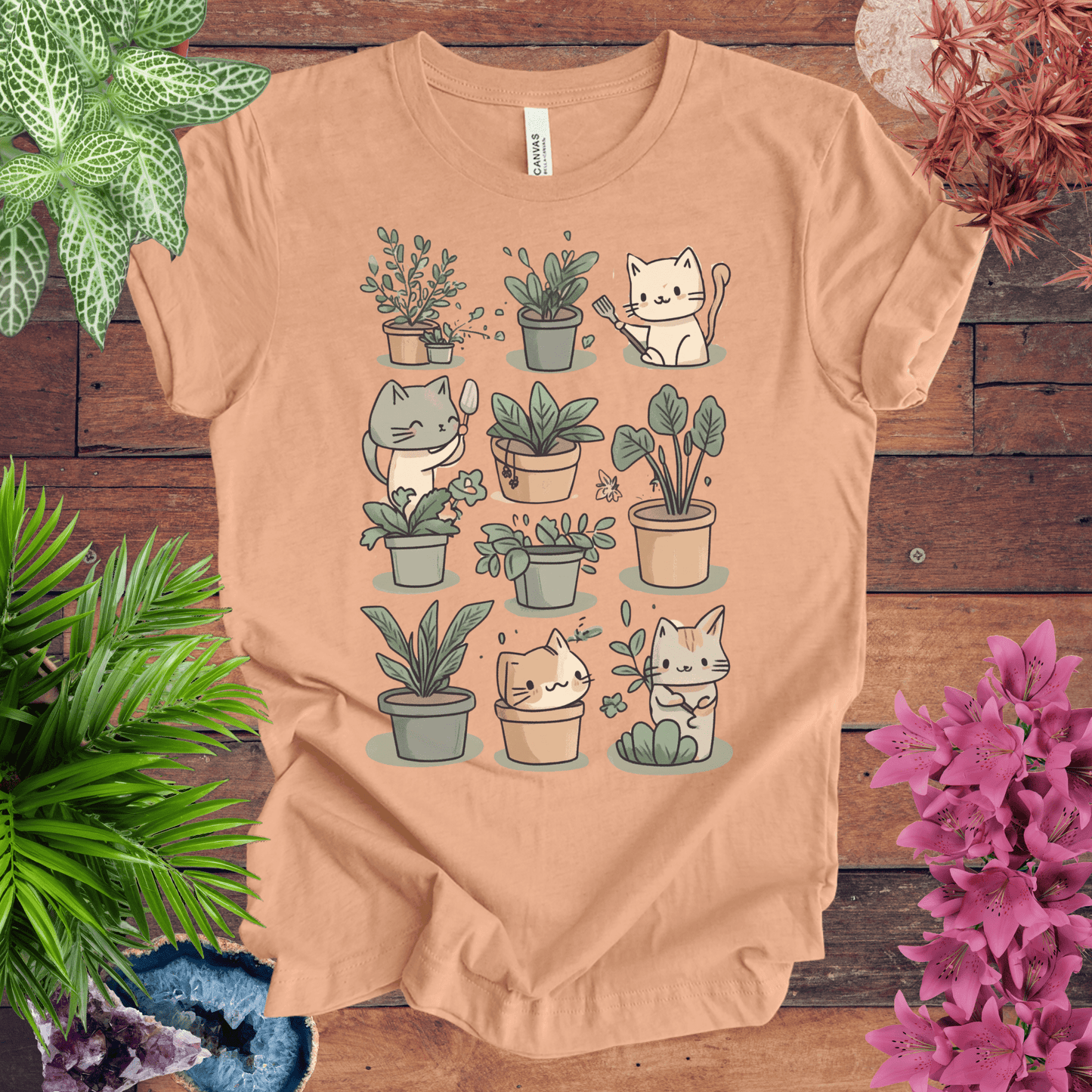 Printify T-Shirt Heather Peach / S Mischievous Kitties Garden Helpers T-Shirt