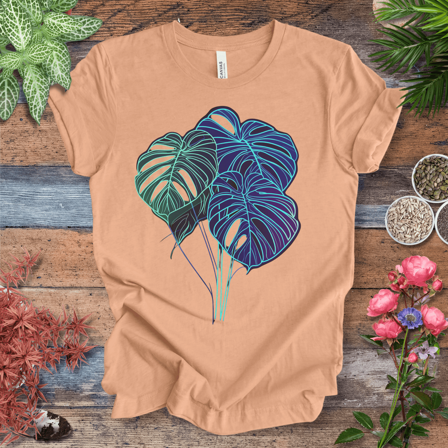 Printify T-Shirt Heather Peach / S Neon Monstera Leaf Glow in the Dark Botanical T-Shirt