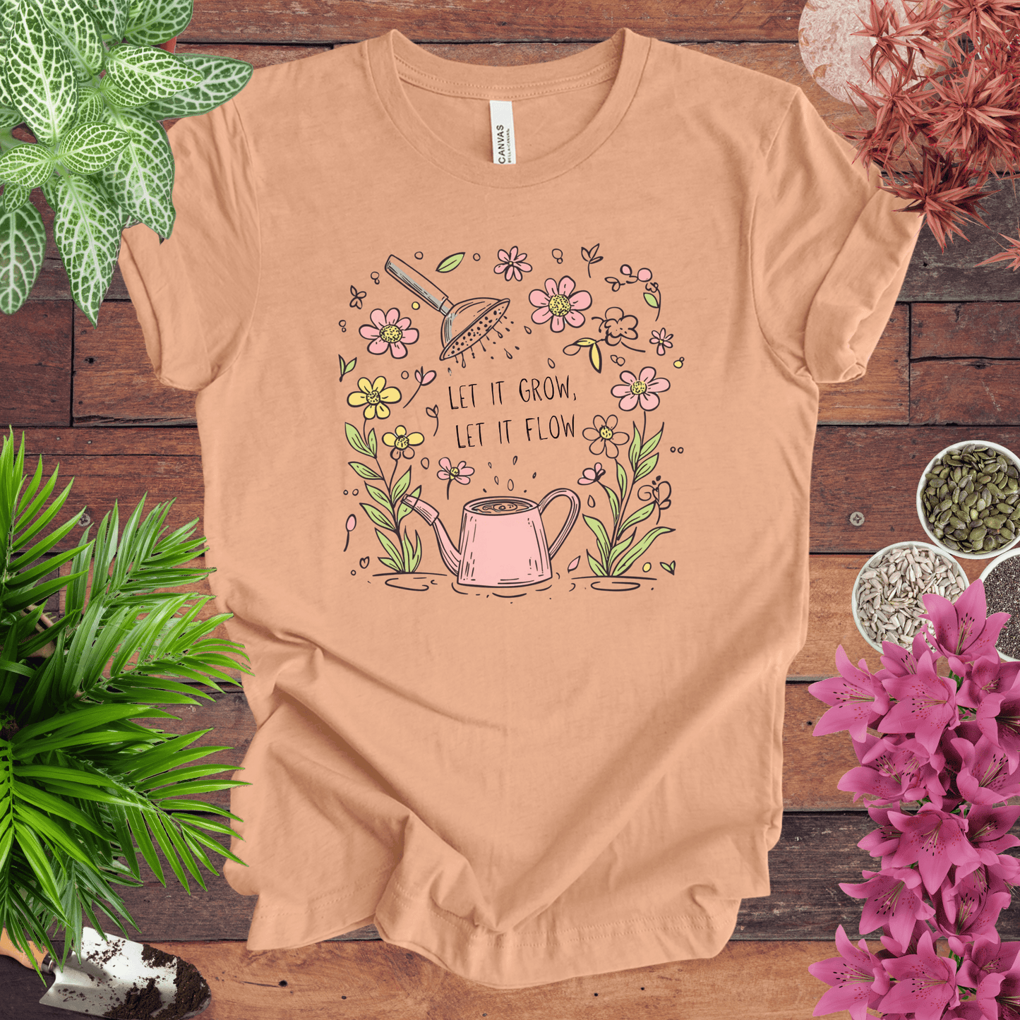 Printify T-Shirt Heather Peach / S Pink Watering Can Floral T-Shirt