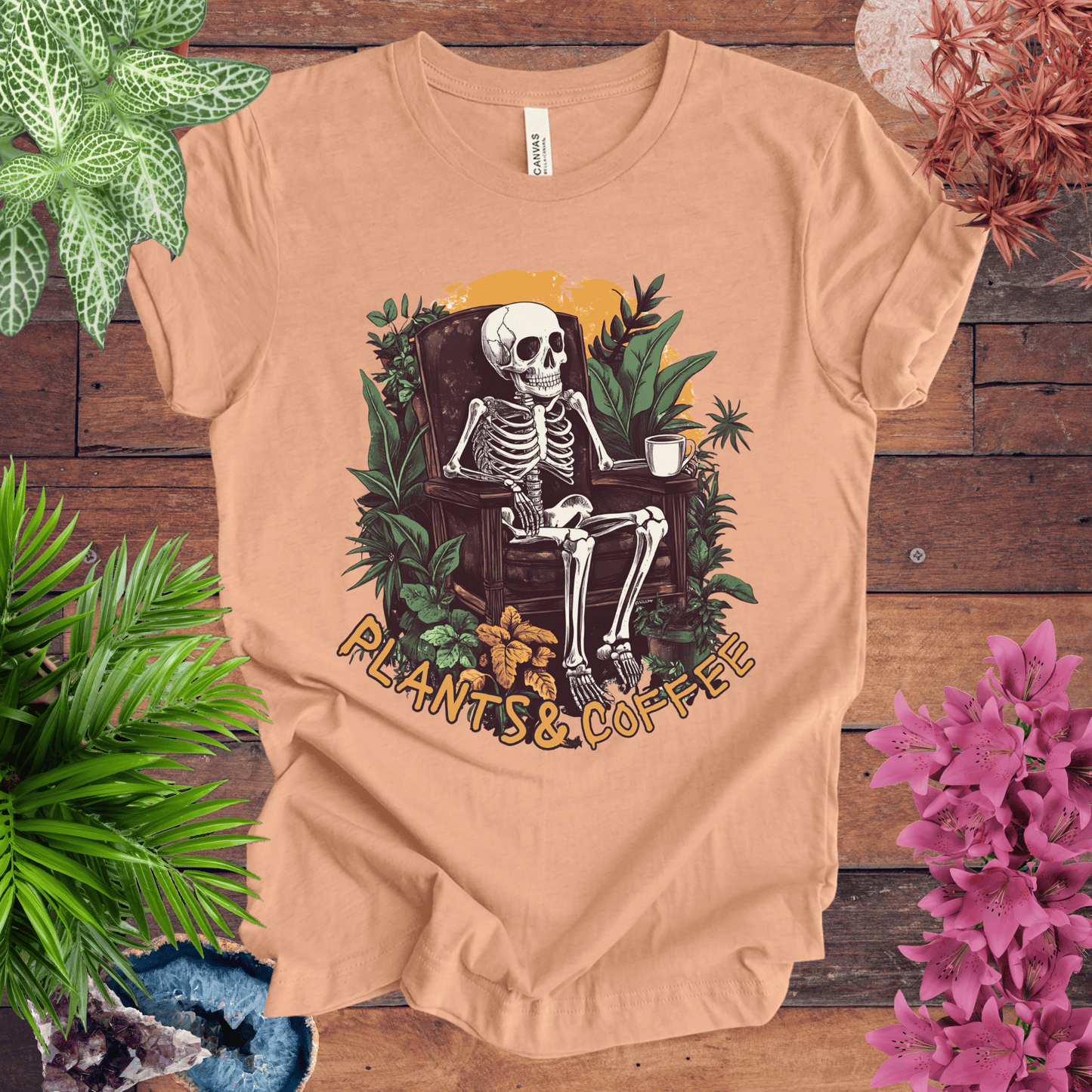 Printify T-Shirt Heather Peach / S Plants & Coffee Skeleton T-Shirt