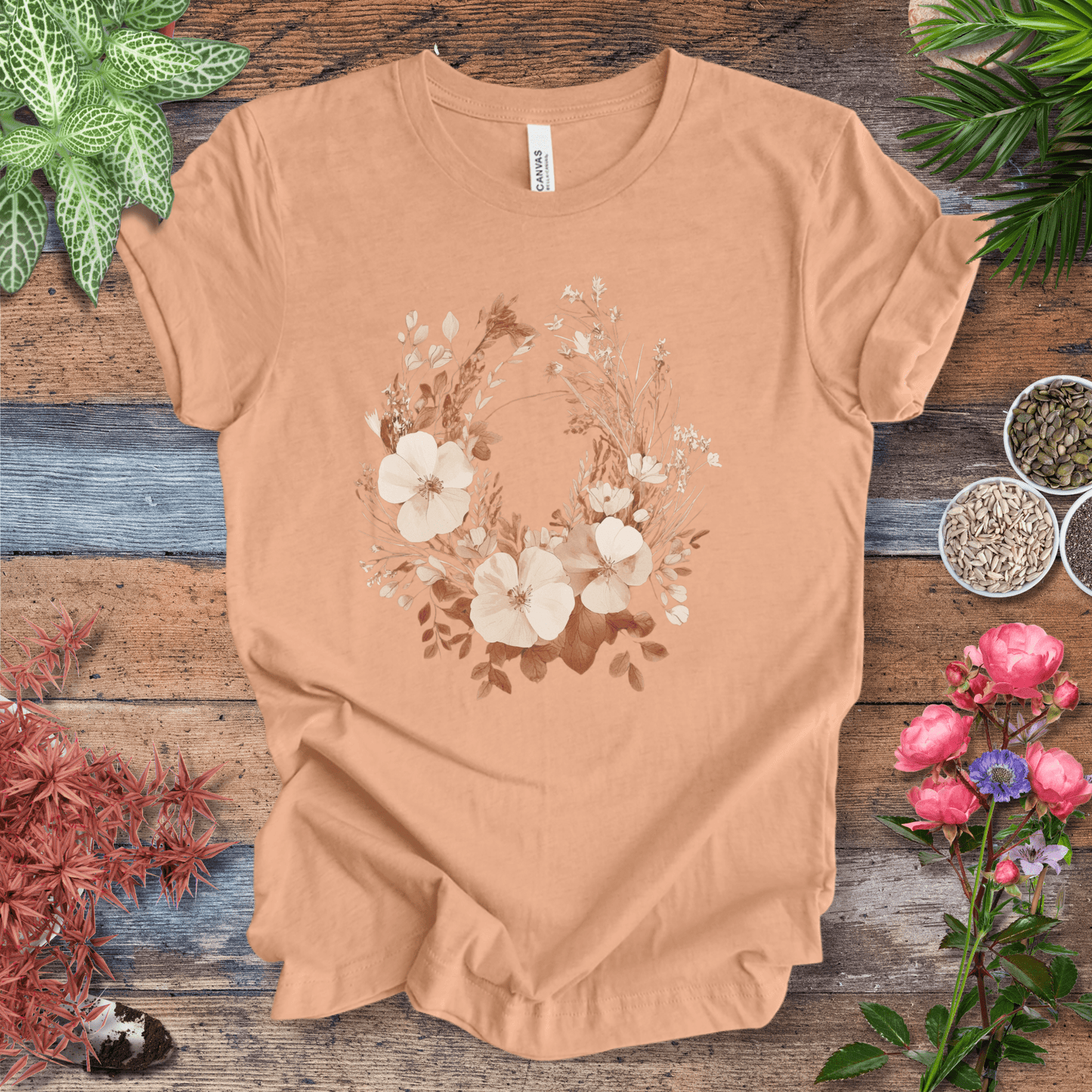 Printify T-Shirt Heather Peach / S Rustic Floral Wreath Botanical T-Shirt