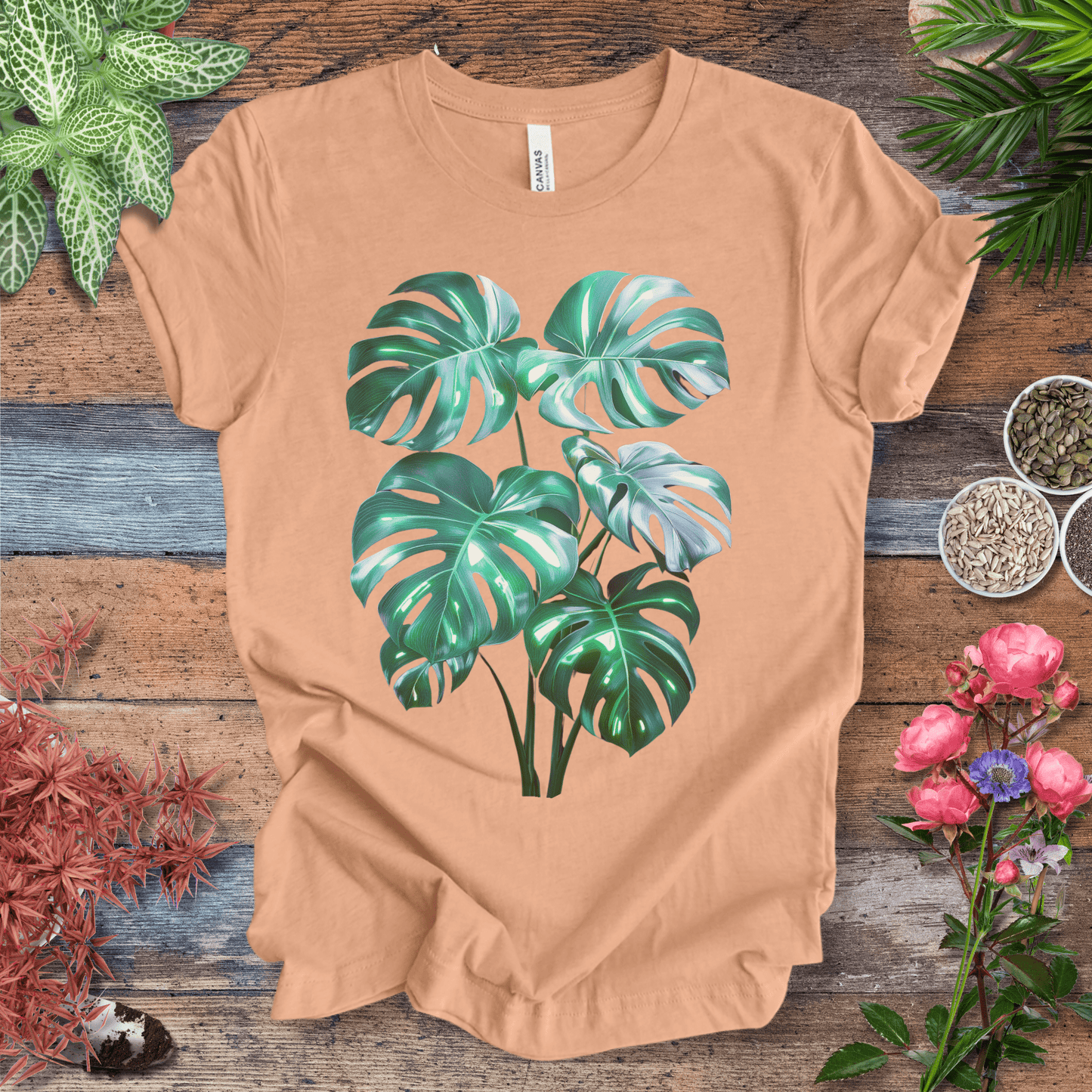 Printify T-Shirt Heather Peach / S Shiny Monstera Leaf Jungle Aesthetic Plant Lover T-Shirt