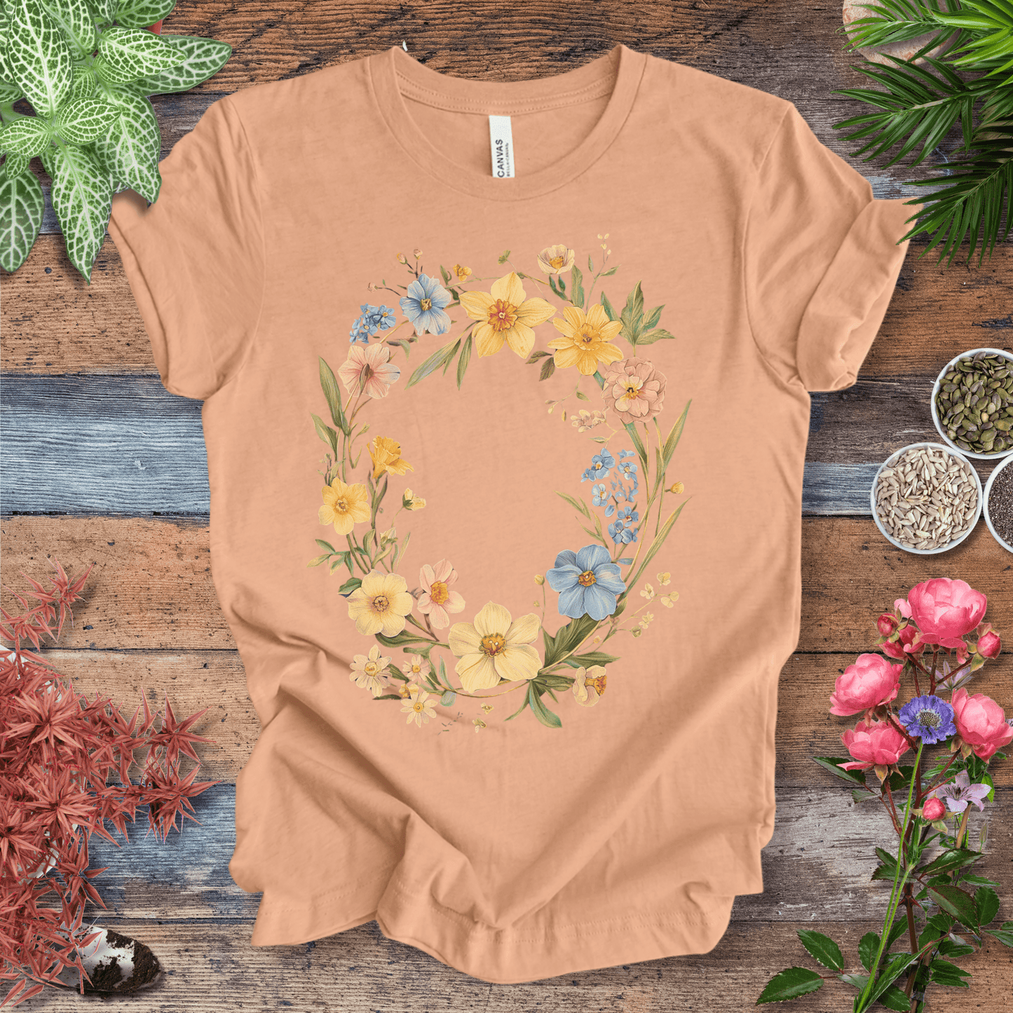 Printify T-Shirt Heather Peach / S Spring Meadow Floral Wreath T-Shirt