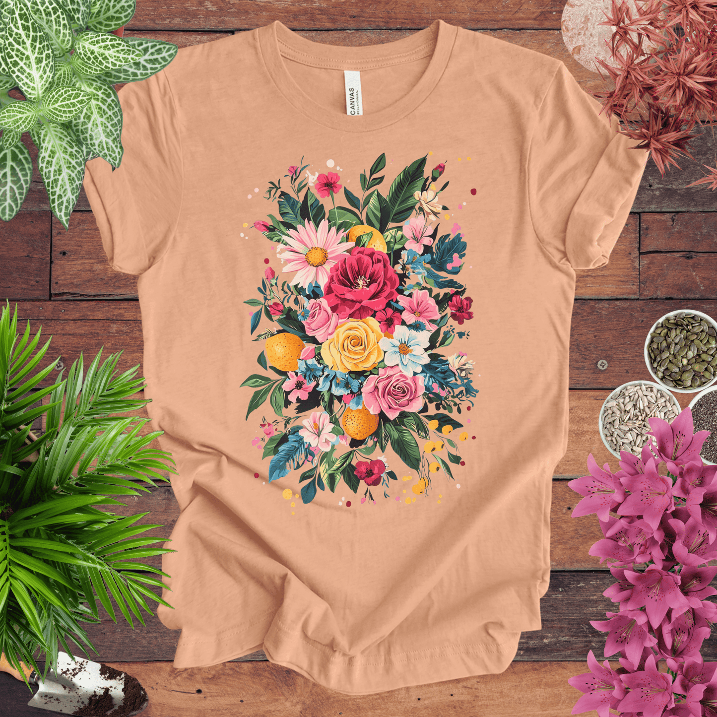 Printify T-Shirt Heather Peach / S Vibrant Floral Citrus Bouquet T-Shirt