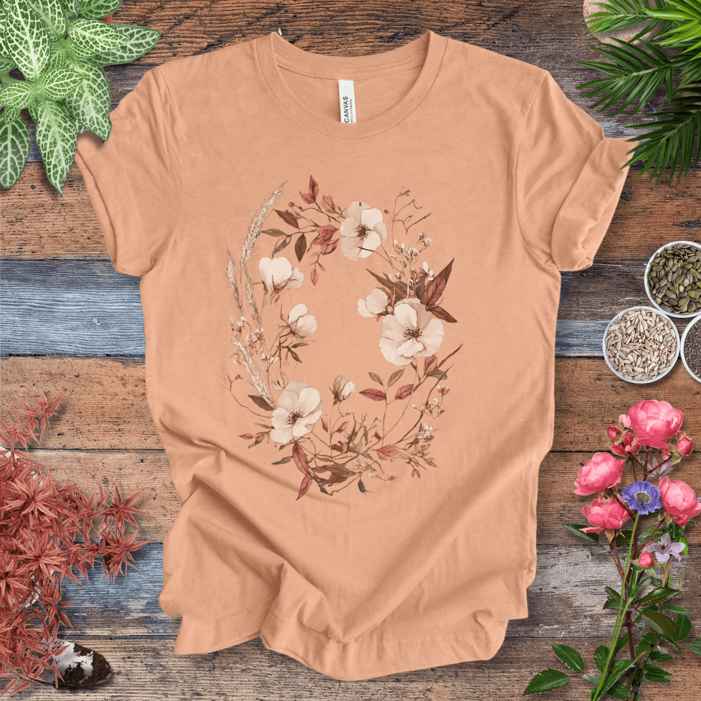 Printify T-Shirt Heather Peach / S Vintage Floral Wreath Botanical T-Shirt