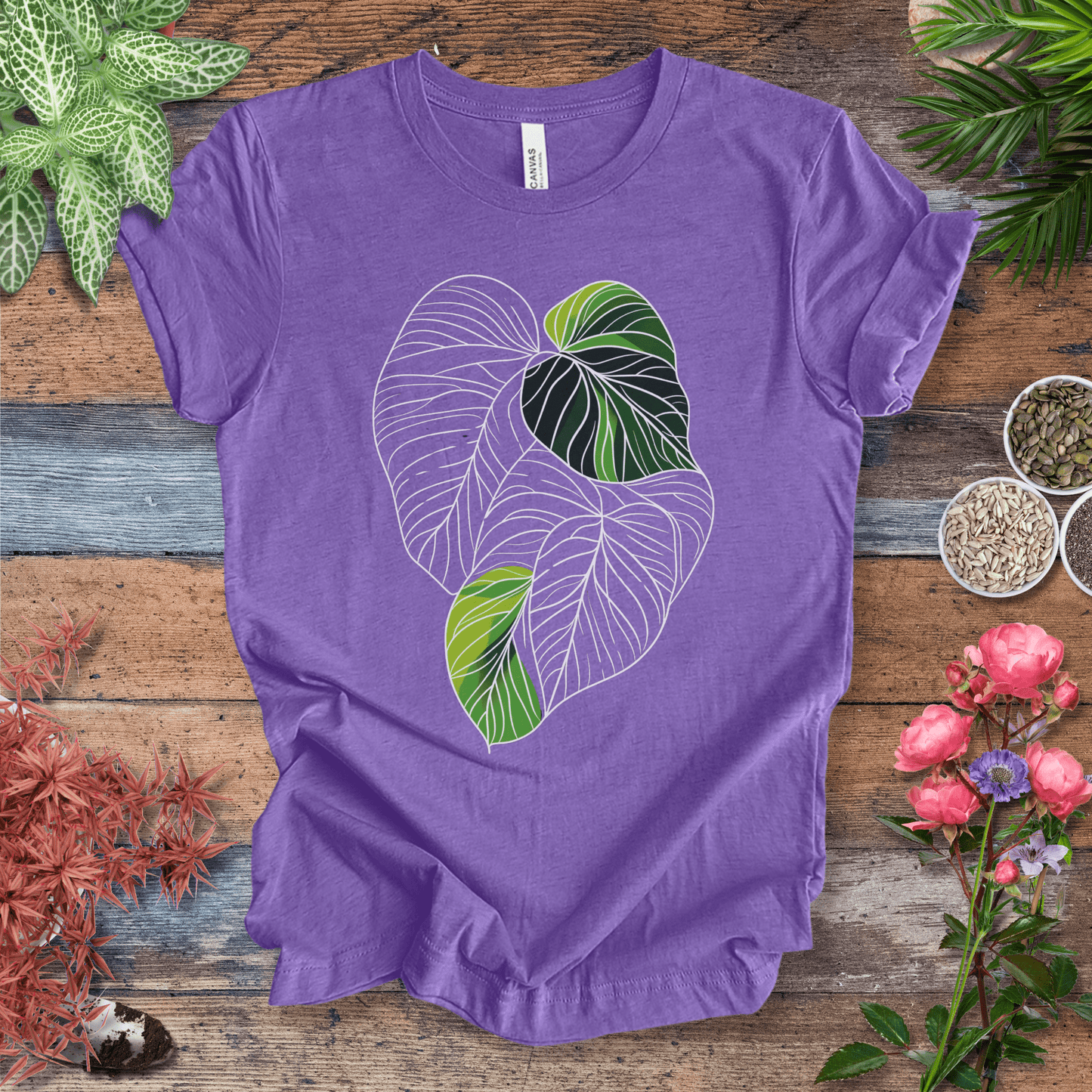 Printify T-Shirt Heather Team Purple / S Abstract Green Monstera Leaf T-Shirt