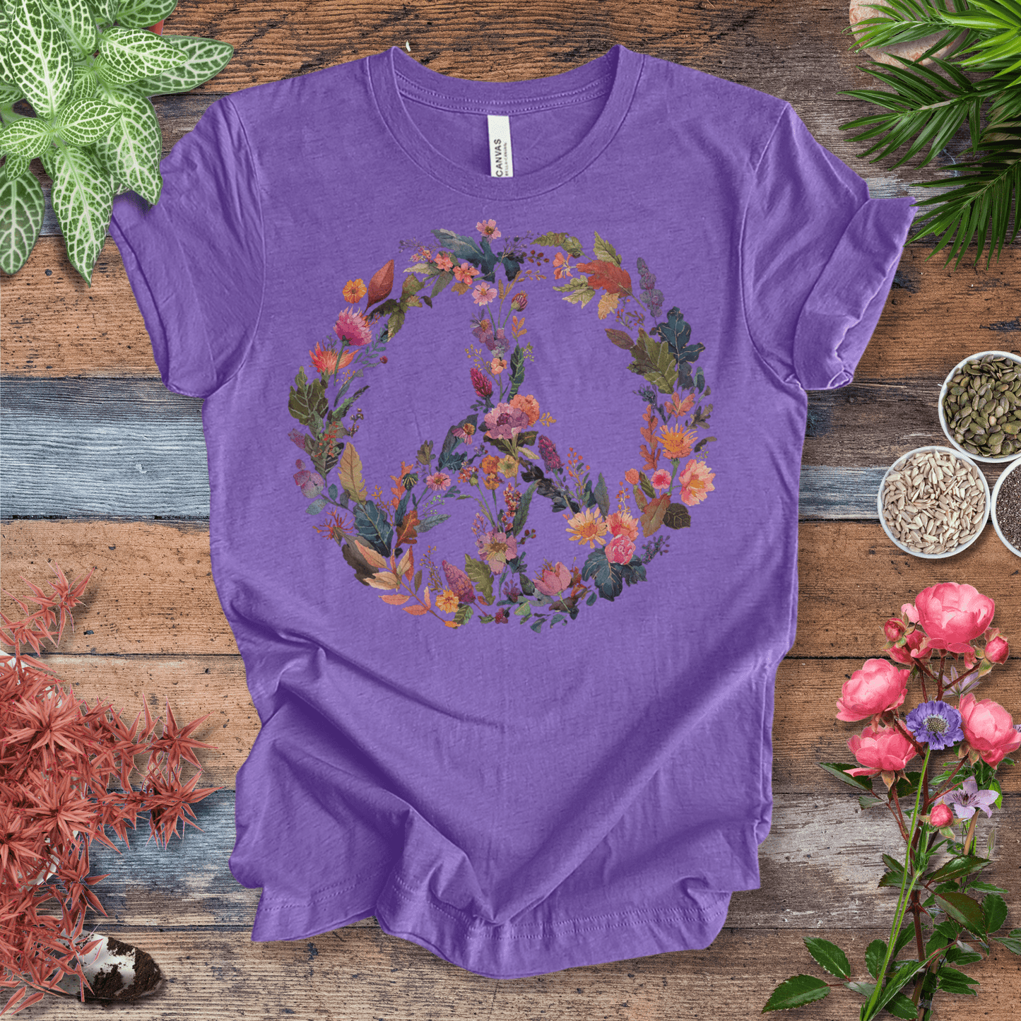 Printify T-Shirt Heather Team Purple / S Autumn Floral Peace Wreath Tee – Fall Color Botanical T-Shirt | Sustainable Garden Lover Shirt | Plant Parent Gift