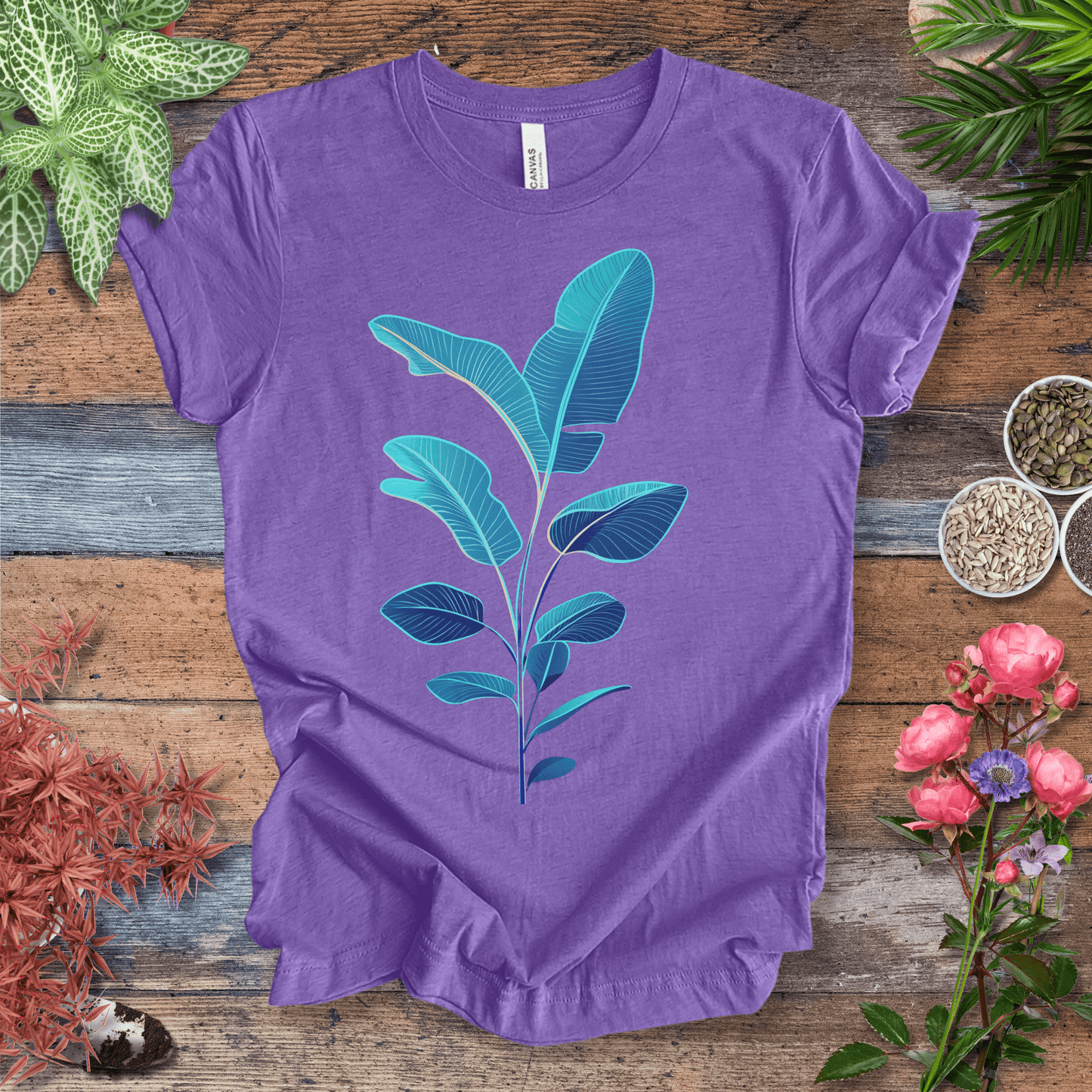 Printify T-Shirt Heather Team Purple / S Blue Monstera Leaves Tropical Aesthetic Houseplant T-Shirt
