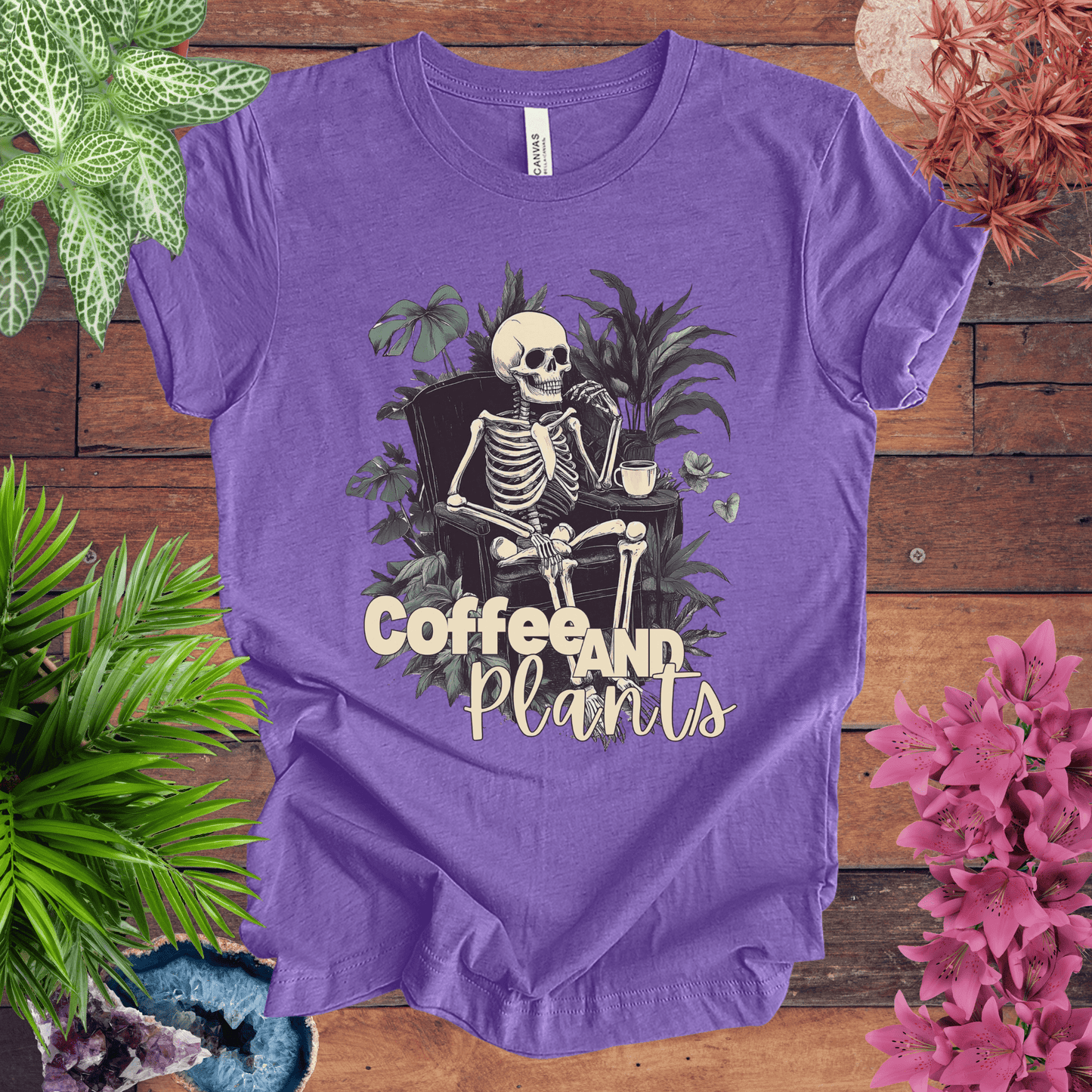 Printify T-Shirt Heather Team Purple / S Coffee and Plants Skeleton T-Shirt