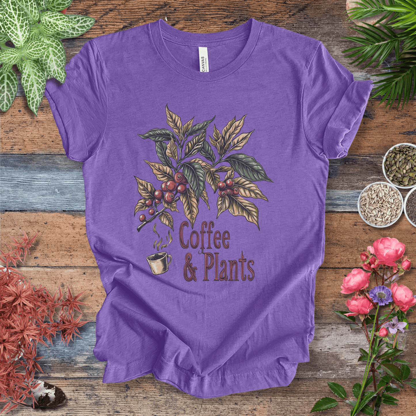 Printify T-Shirt Heather Team Purple / S Coffee & Plants Botanical T-Shirt
