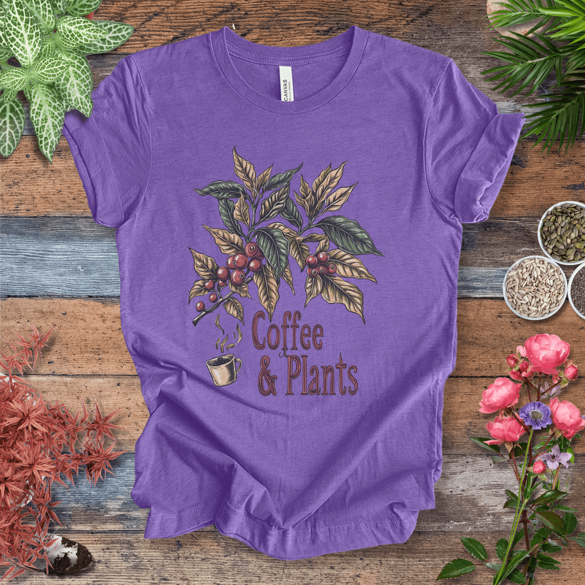 Printify T-Shirt Heather Team Purple / S Coffee & Plants Botanical T-Shirt