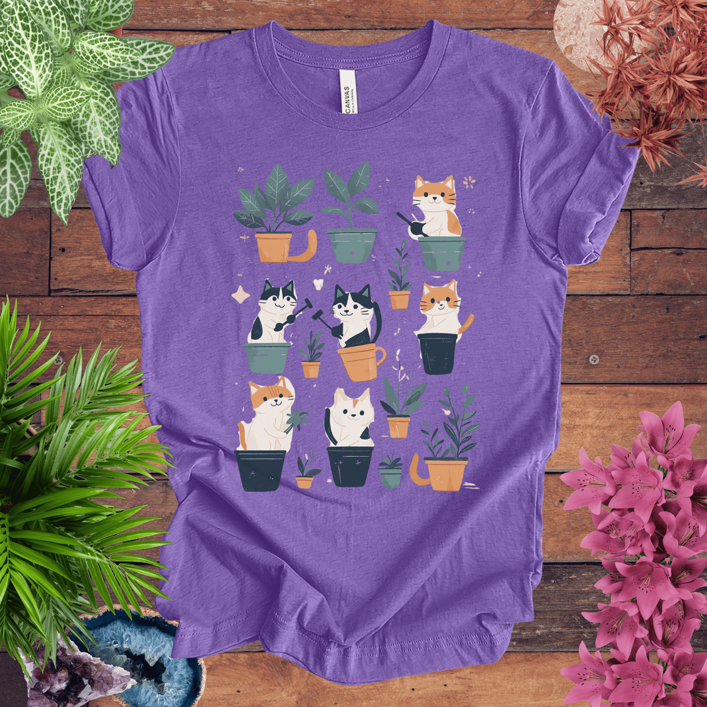 Printify T-Shirt Heather Team Purple / S Curious Cats and Houseplants T-Shirt