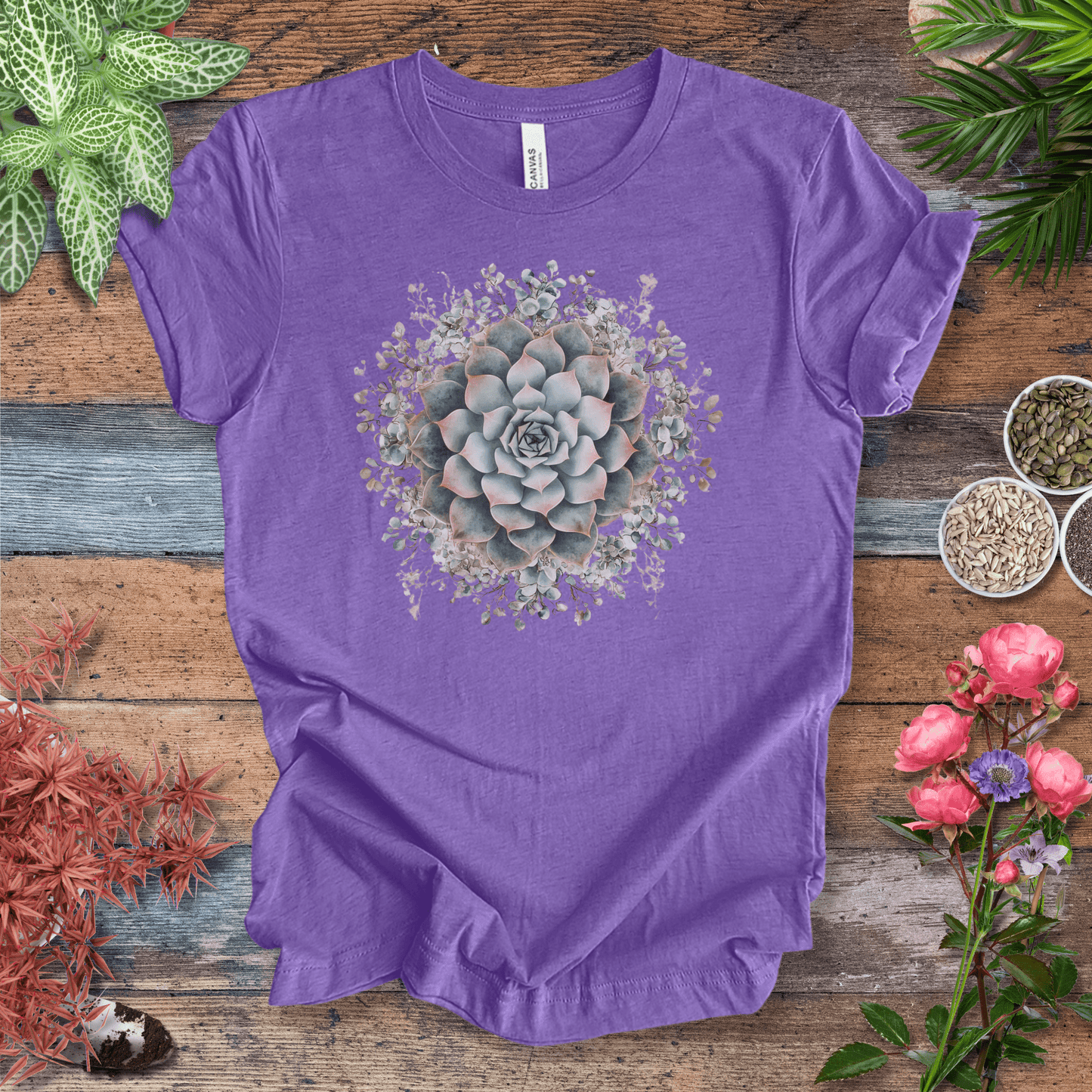 Printify T-Shirt Heather Team Purple / S Elegant Succulent Bloom T-Shirt