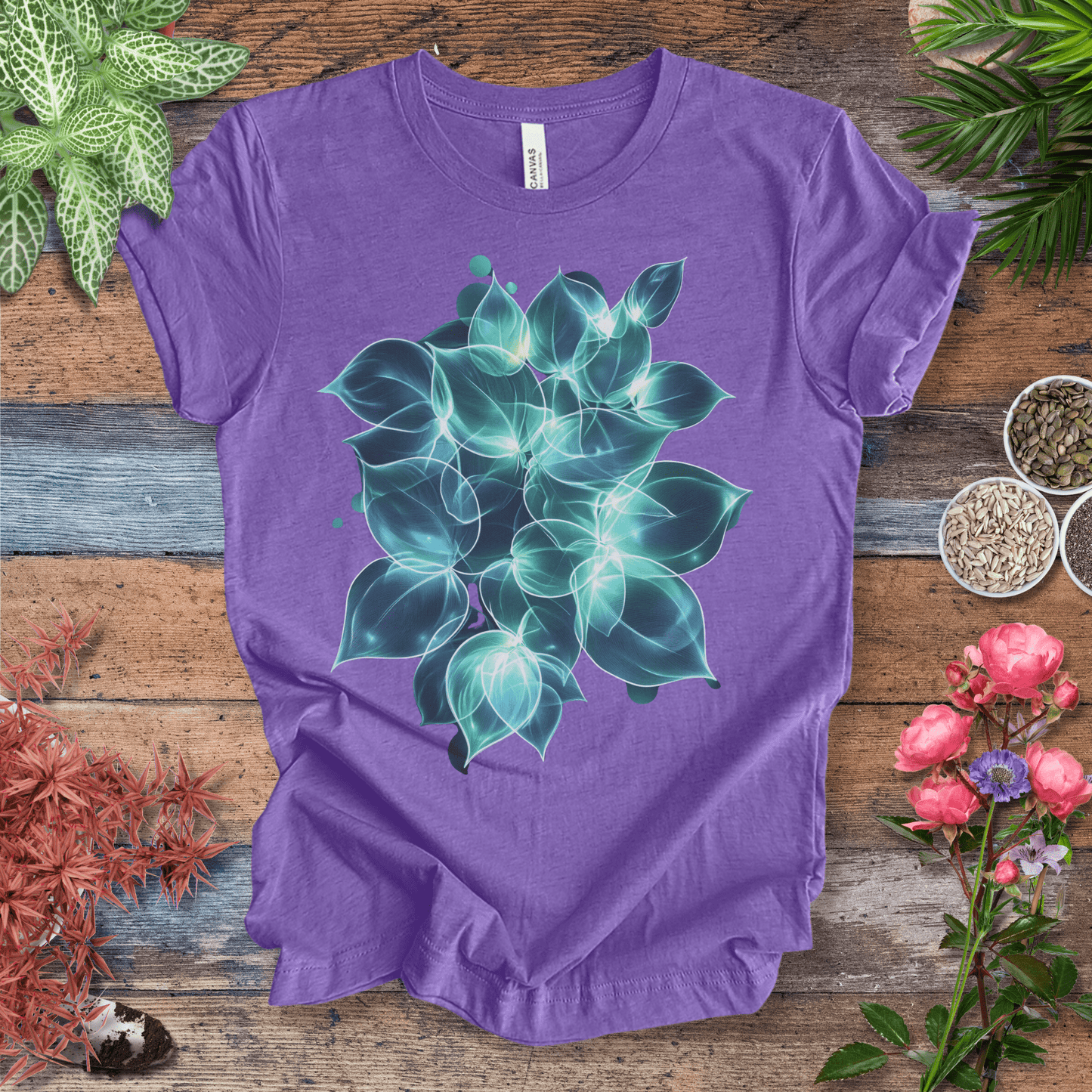 Printify T-Shirt Heather Team Purple / S Ethereal Glowing Leaves Botanical Nature Lover T-Shirt