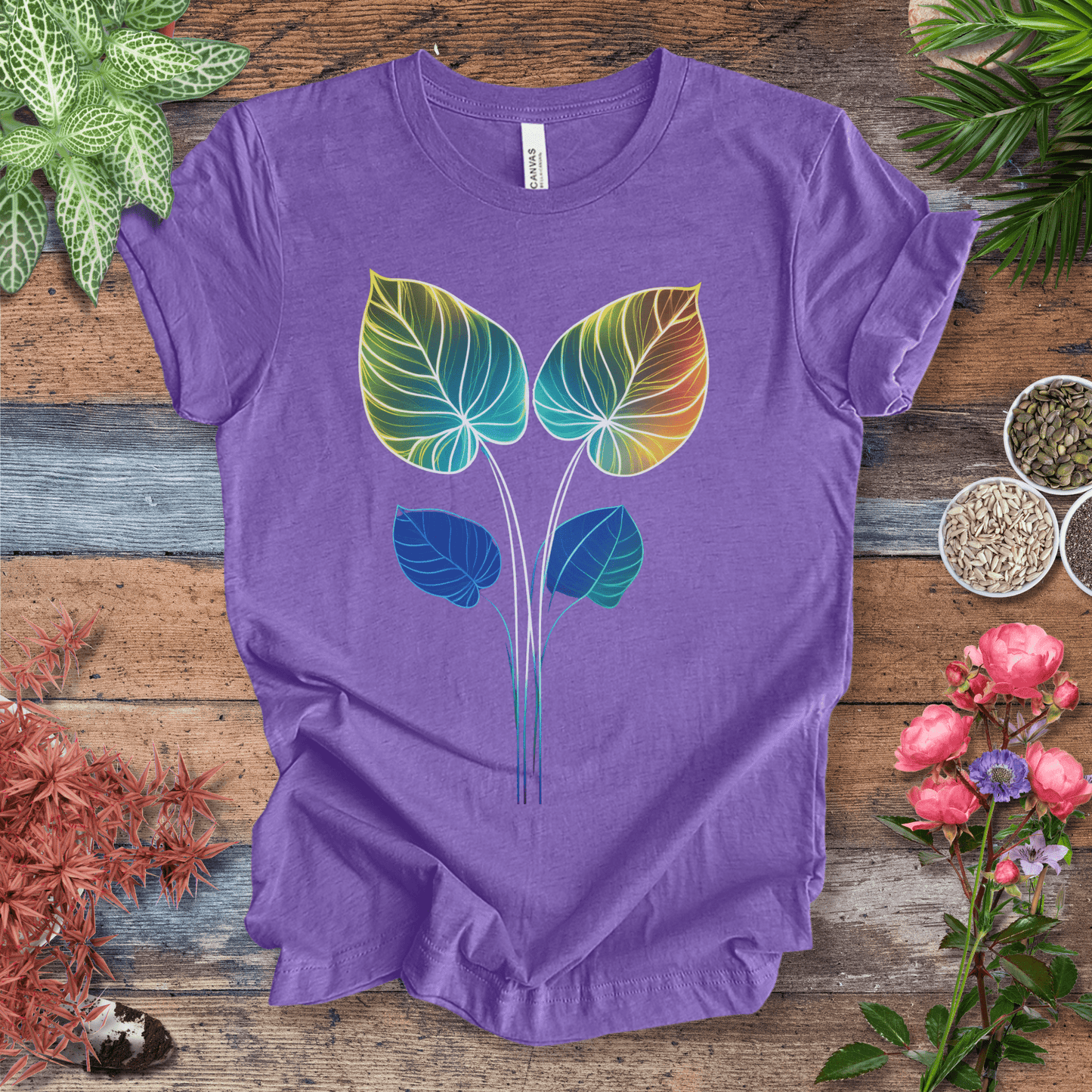 Printify T-Shirt Heather Team Purple / S Glowing Futuristic Leaves Botanical Nature Lover T-Shirt