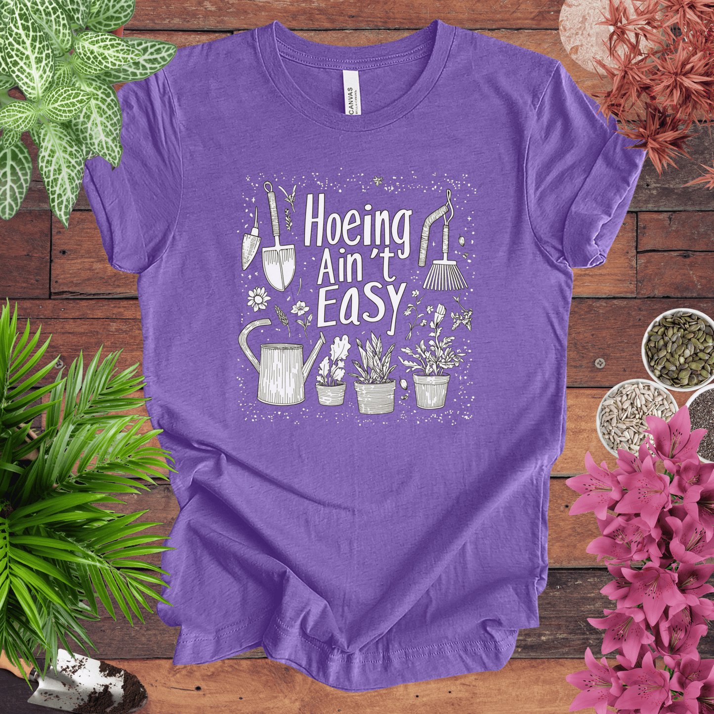 Printify T-Shirt Heather Team Purple / S Hoeing Ain’t Easy Funny Gardening T-Shirt