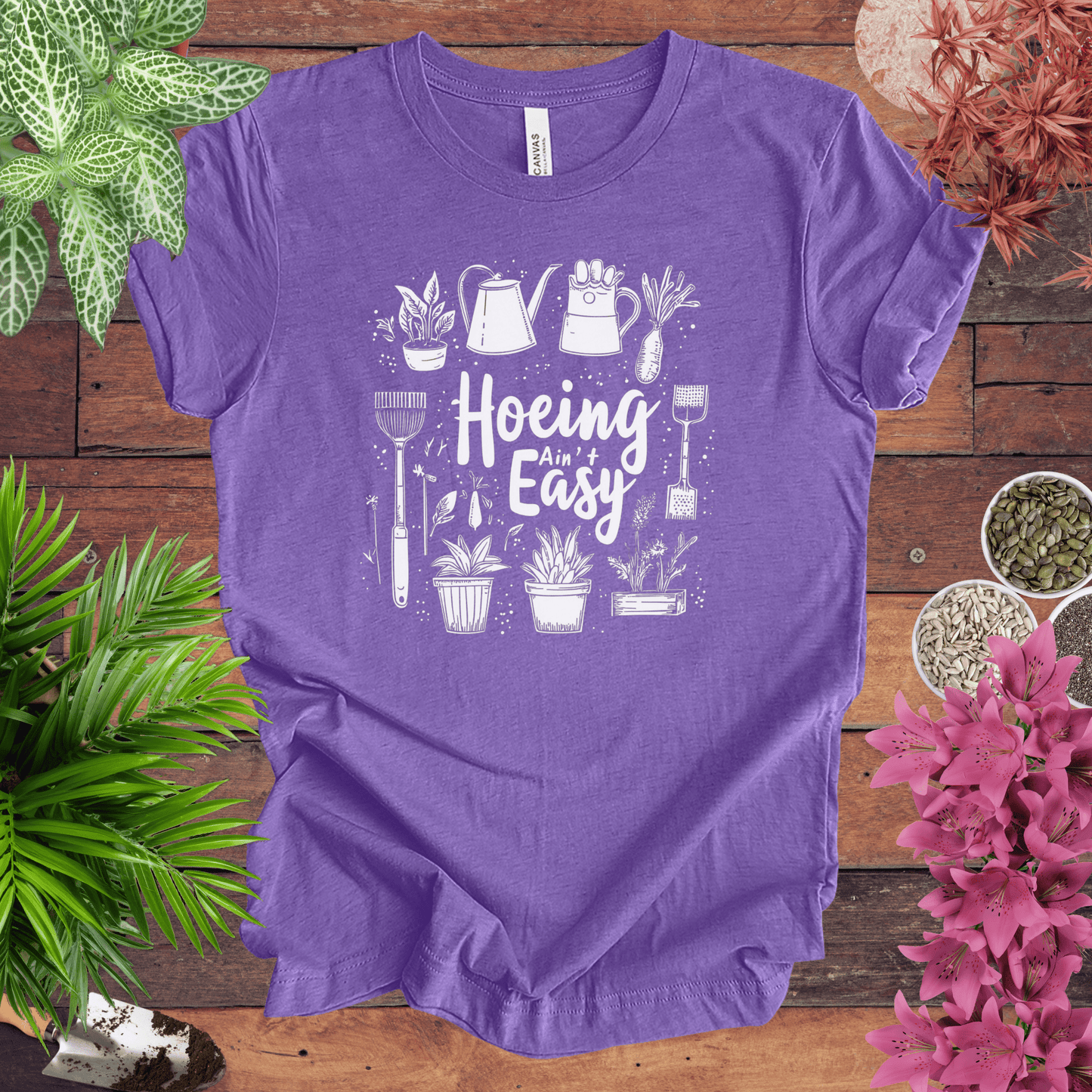 Printify T-Shirt Heather Team Purple / S Hoeing Ain’t Easy Gardening Tools T-Shirt