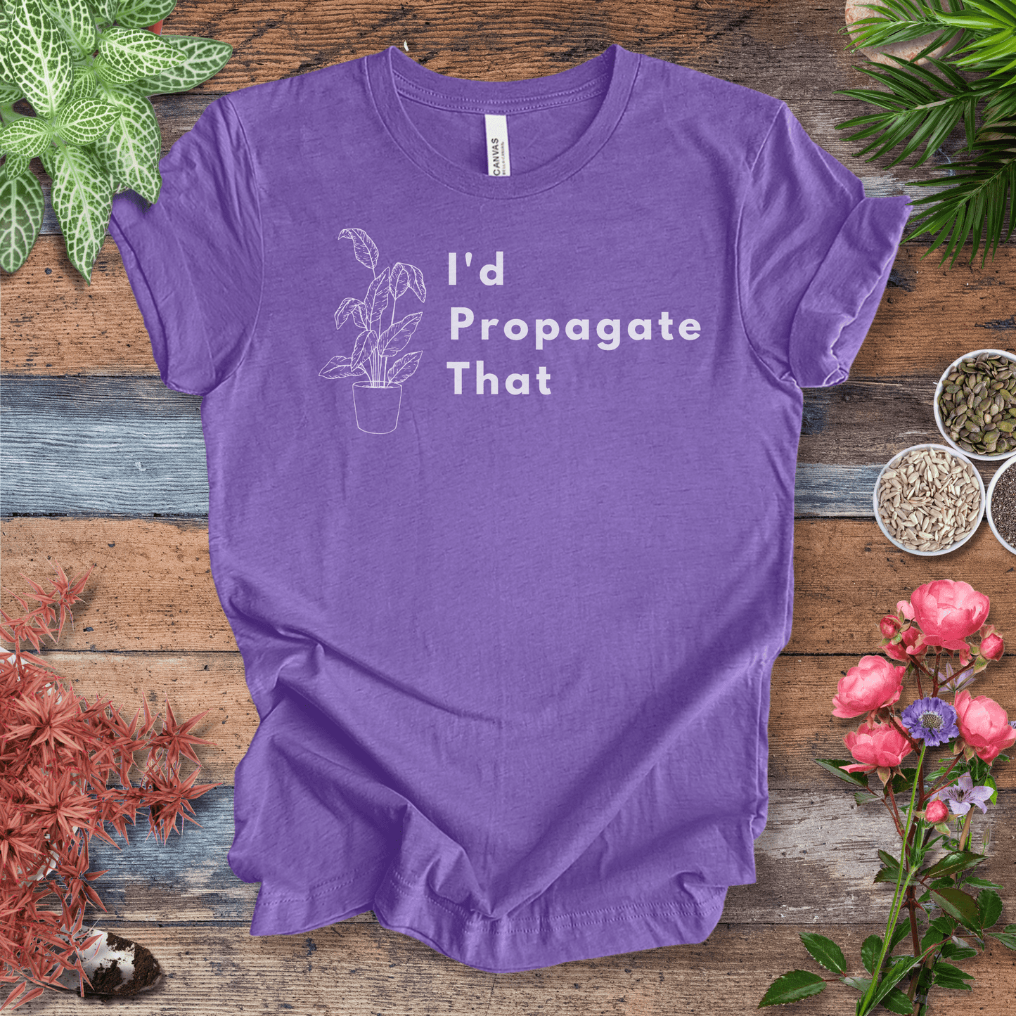 Printify T-Shirt Heather Team Purple / S I’d Propagate That – Caladium Outline | Minimalist Plant Tee