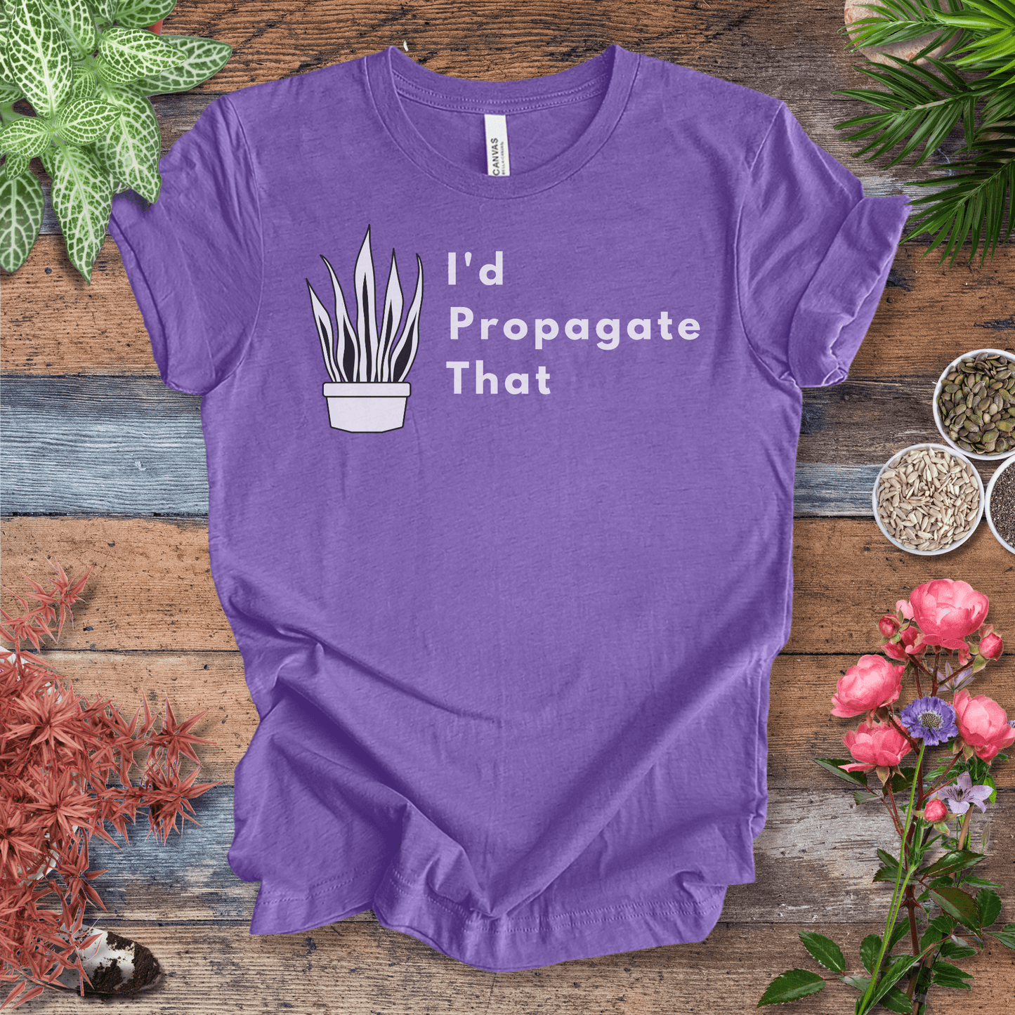Printify T-Shirt Heather Team Purple / S I’d Propagate That – Snake Plant Edition | Minimalist Houseplant Tee