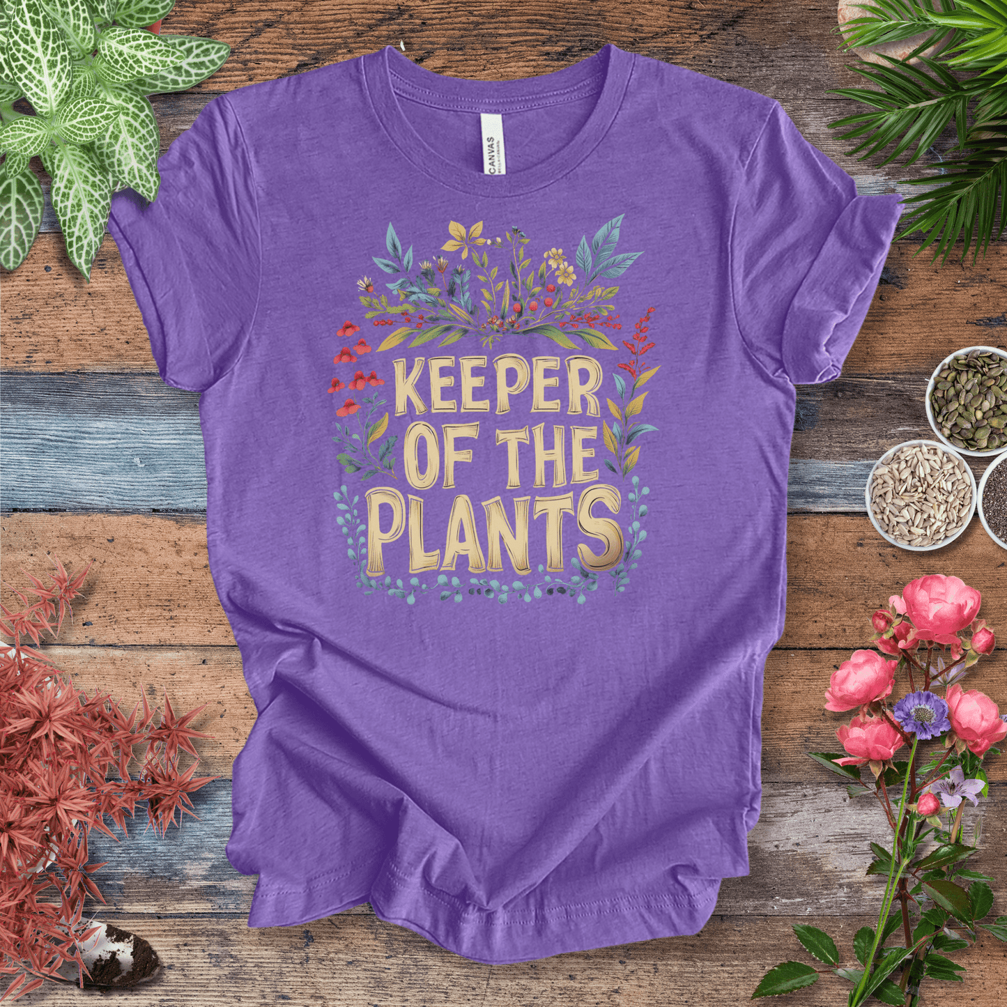 Printify T-Shirt Heather Team Purple / S Keeper of the Plants – Colorful Blooms Edition | Plant Lover Tee