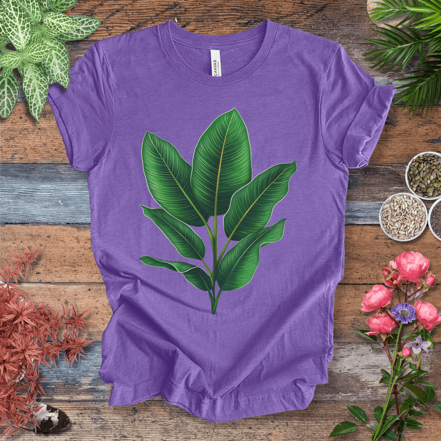 Printify T-Shirt Heather Team Purple / S Lush Green Tropical Leaves Jungle Vibes Plant Lover T-Shirt