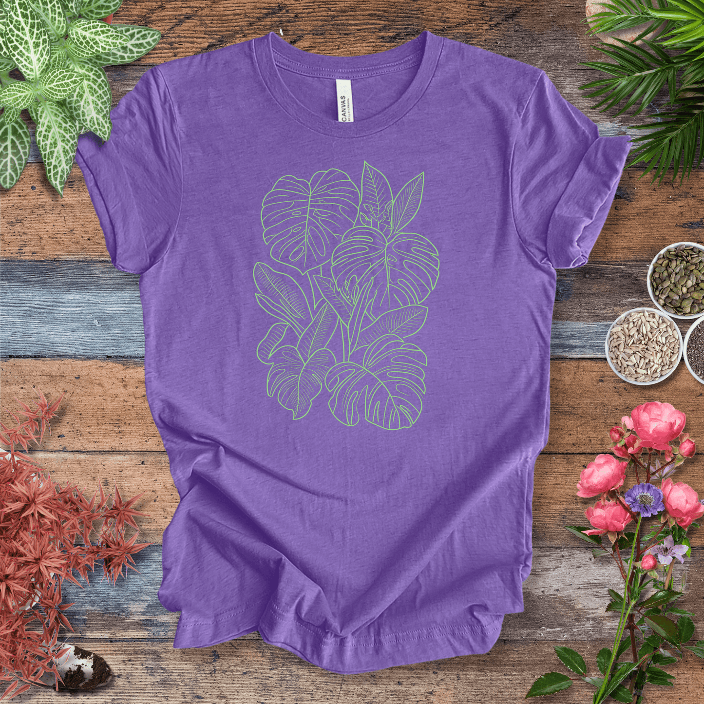 Printify T-Shirt Heather Team Purple / S Minimalist Neon Monstera Plant T-Shirt
