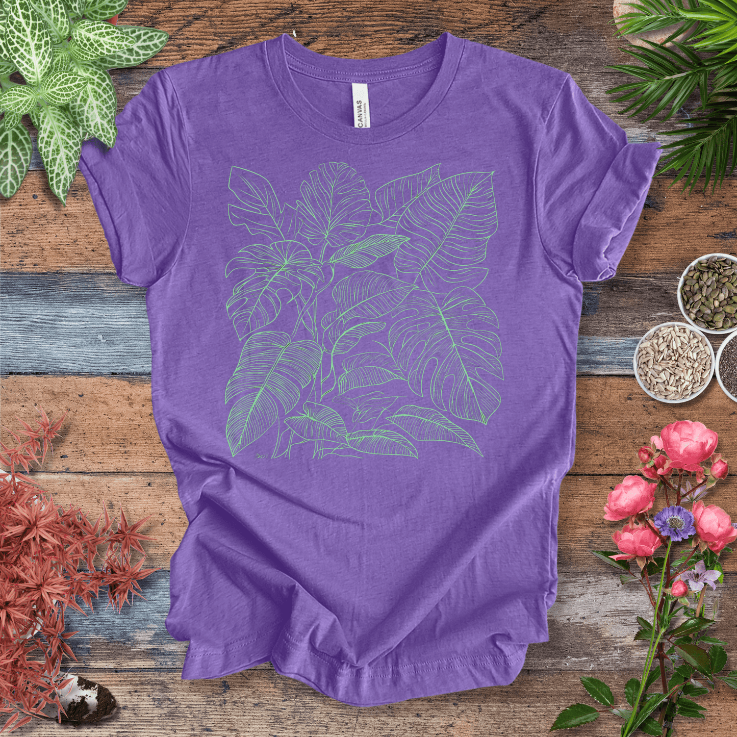 Printify T-Shirt Heather Team Purple / S Monstera Jungle Line-Art T-Shirt – Neon Green Tropical Leaves Graphic Tee | Botanical Streetwear, Houseplant Lover Gift