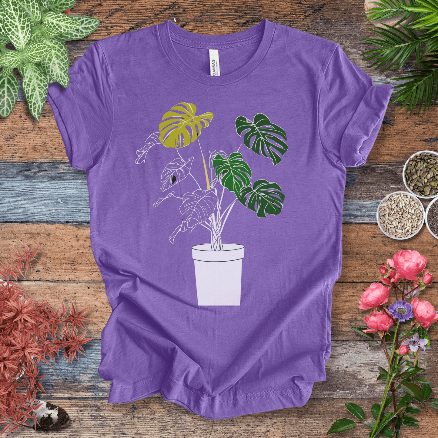 Printify T-Shirt Heather Team Purple / S Monstera Line Art Potted Plant T-Shirt