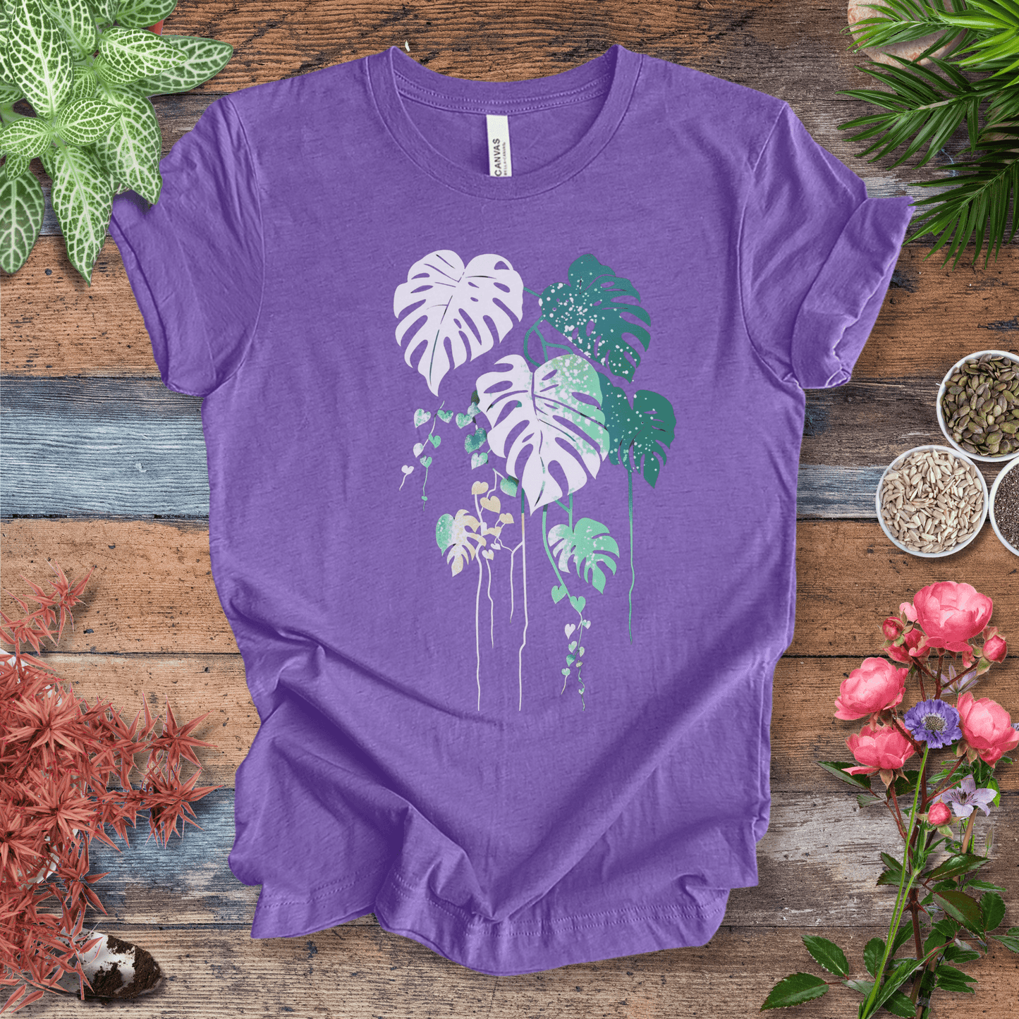 Printify T-Shirt Heather Team Purple / S Monstera Splash Gradient Leaf T-Shirt