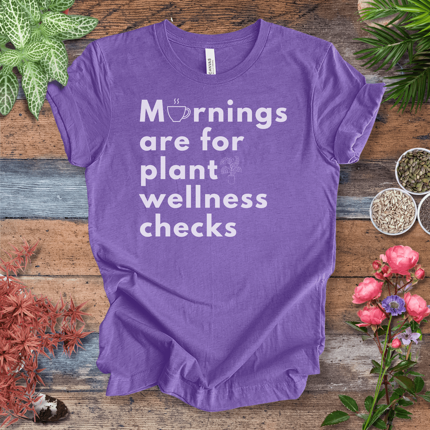 Printify T-Shirt Heather Team Purple / S Mornings Are for Plant Wellness Checks | Cozy Plant Parent Tee