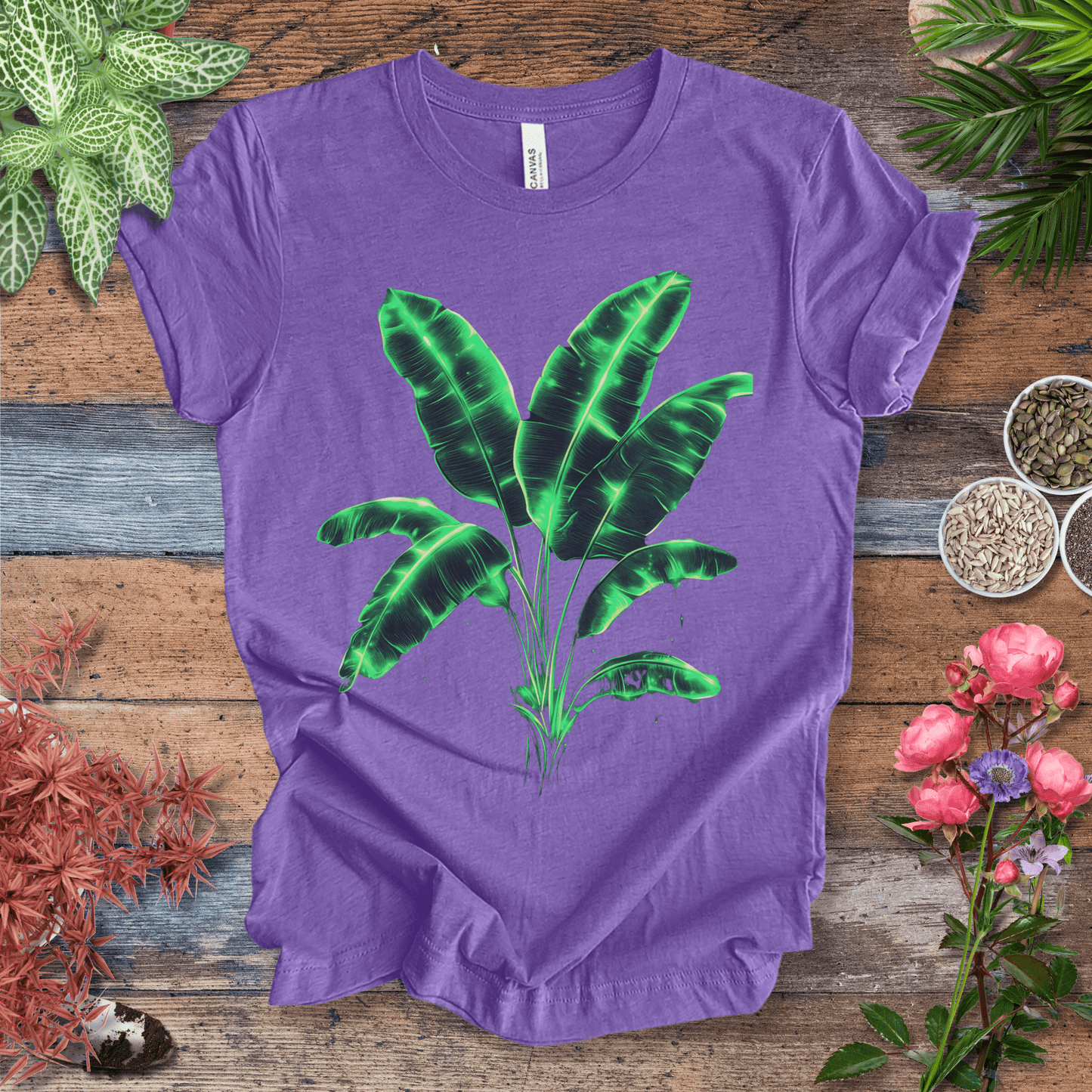 Printify T-Shirt Heather Team Purple / S Neon Glow Banana Leaves Plant Lover Aesthetic T-Shirt