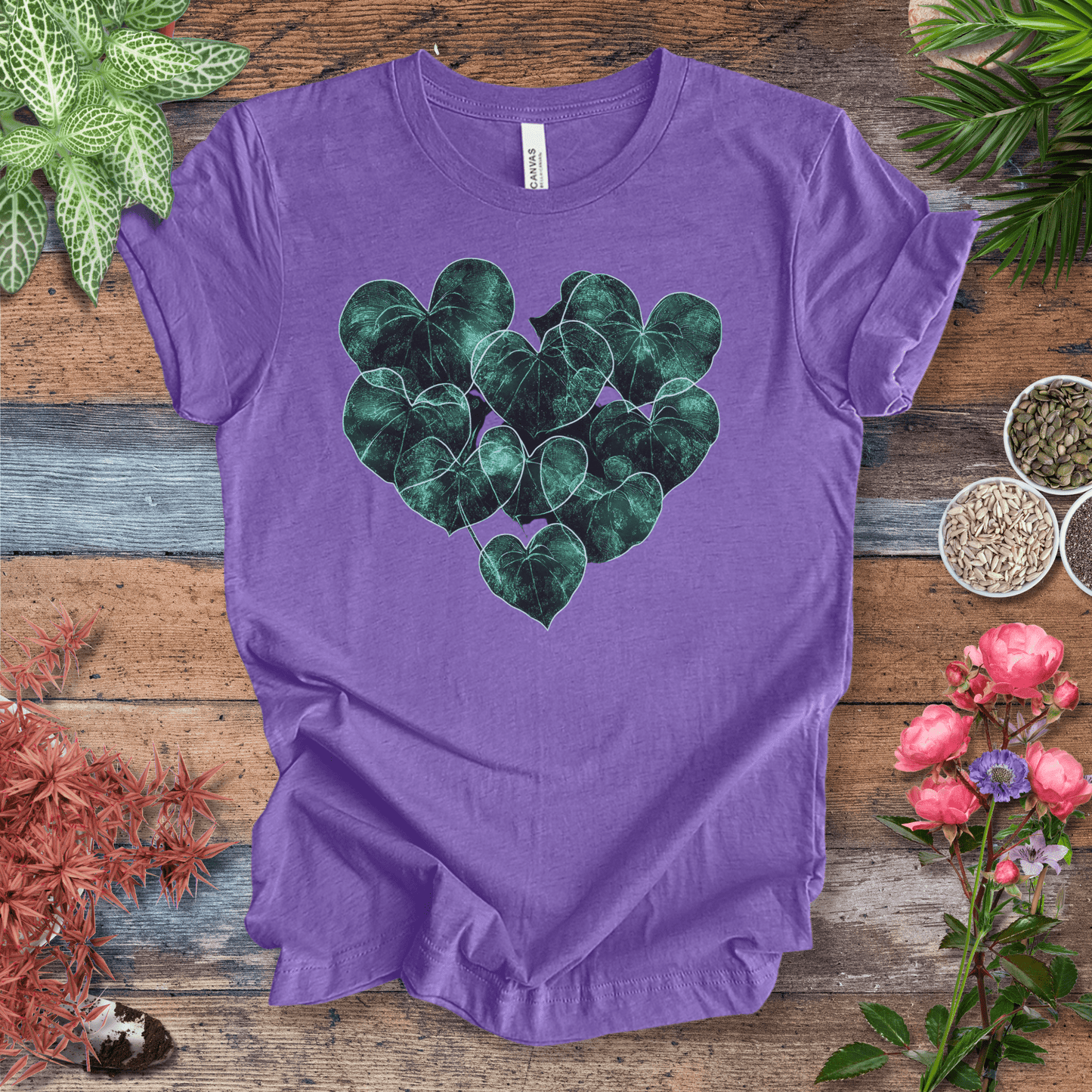 Printify T-Shirt Heather Team Purple / S Neon Heart-Shaped Leaves Plant Parent Aesthetic T-Shirt