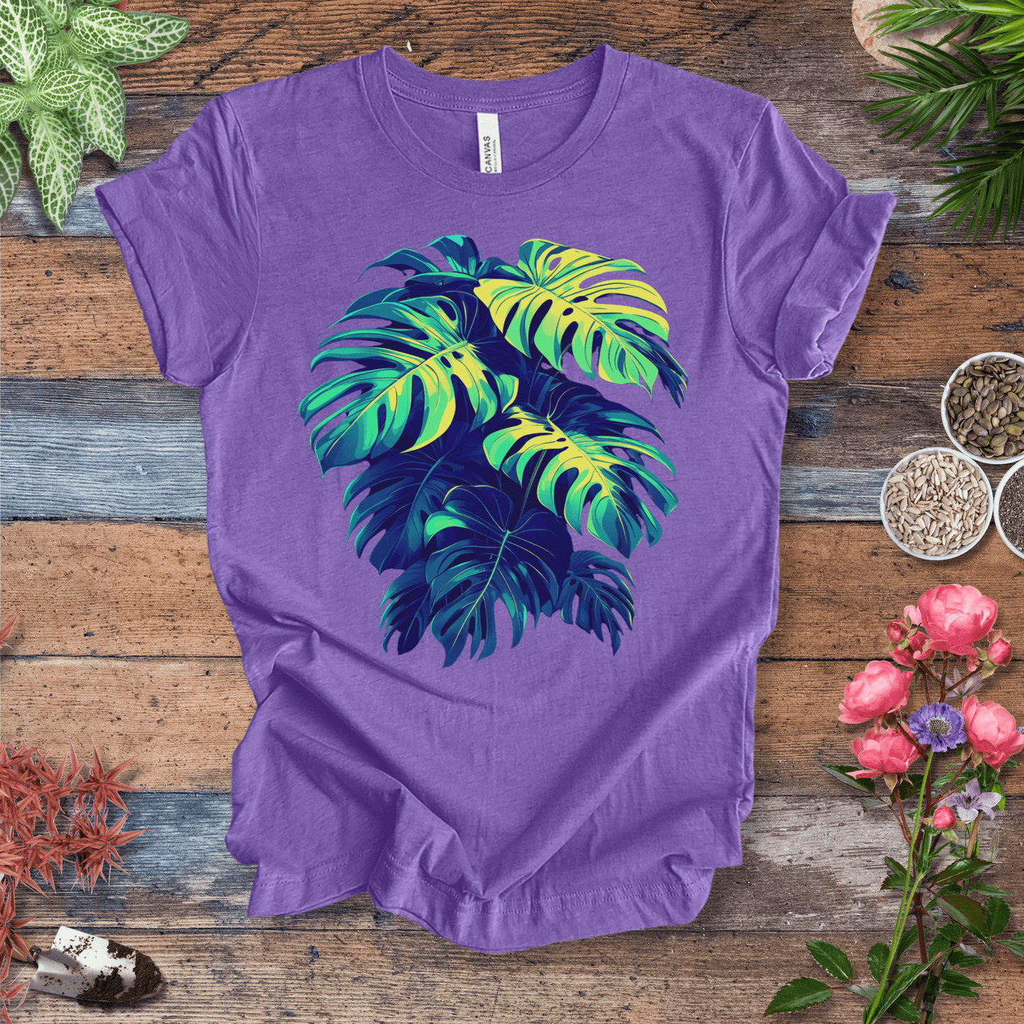 Printify T-Shirt Heather Team Purple / S Neon Monstera Leaves T-Shirt