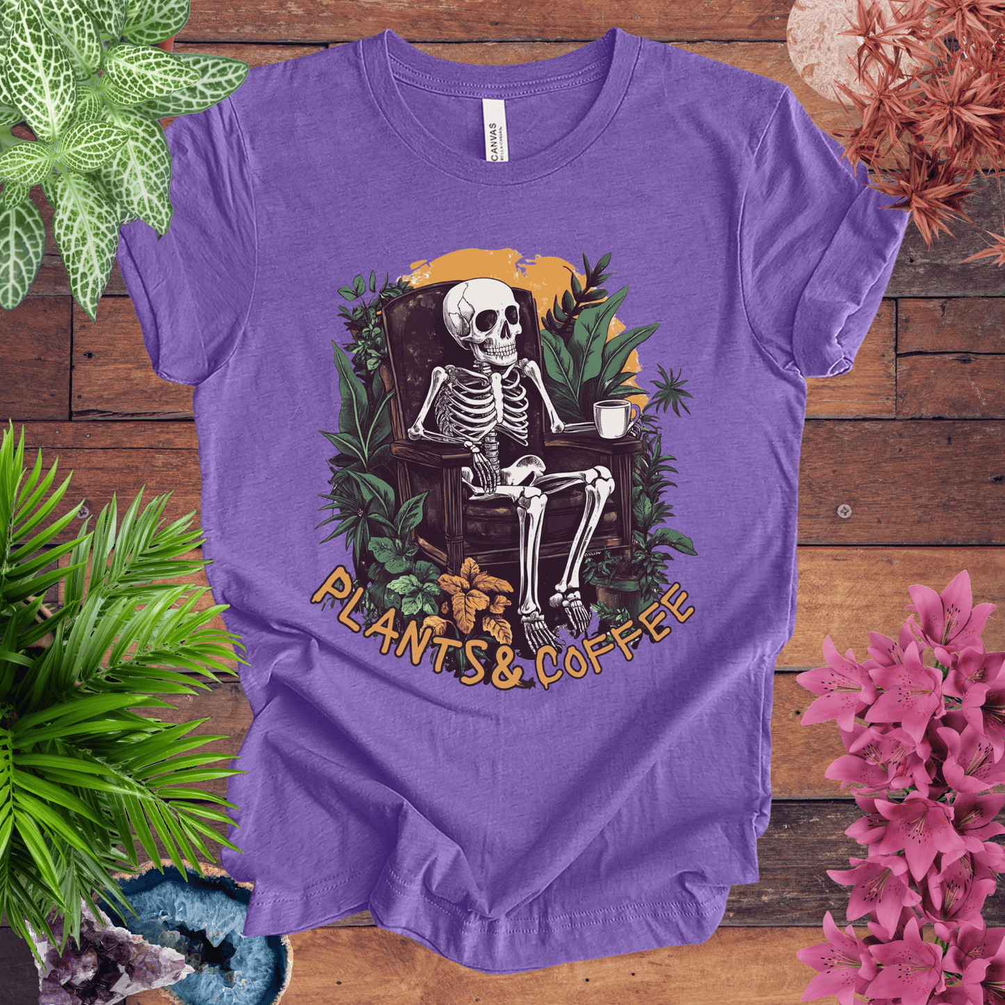 Printify T-Shirt Heather Team Purple / S Plants & Coffee Skeleton T-Shirt