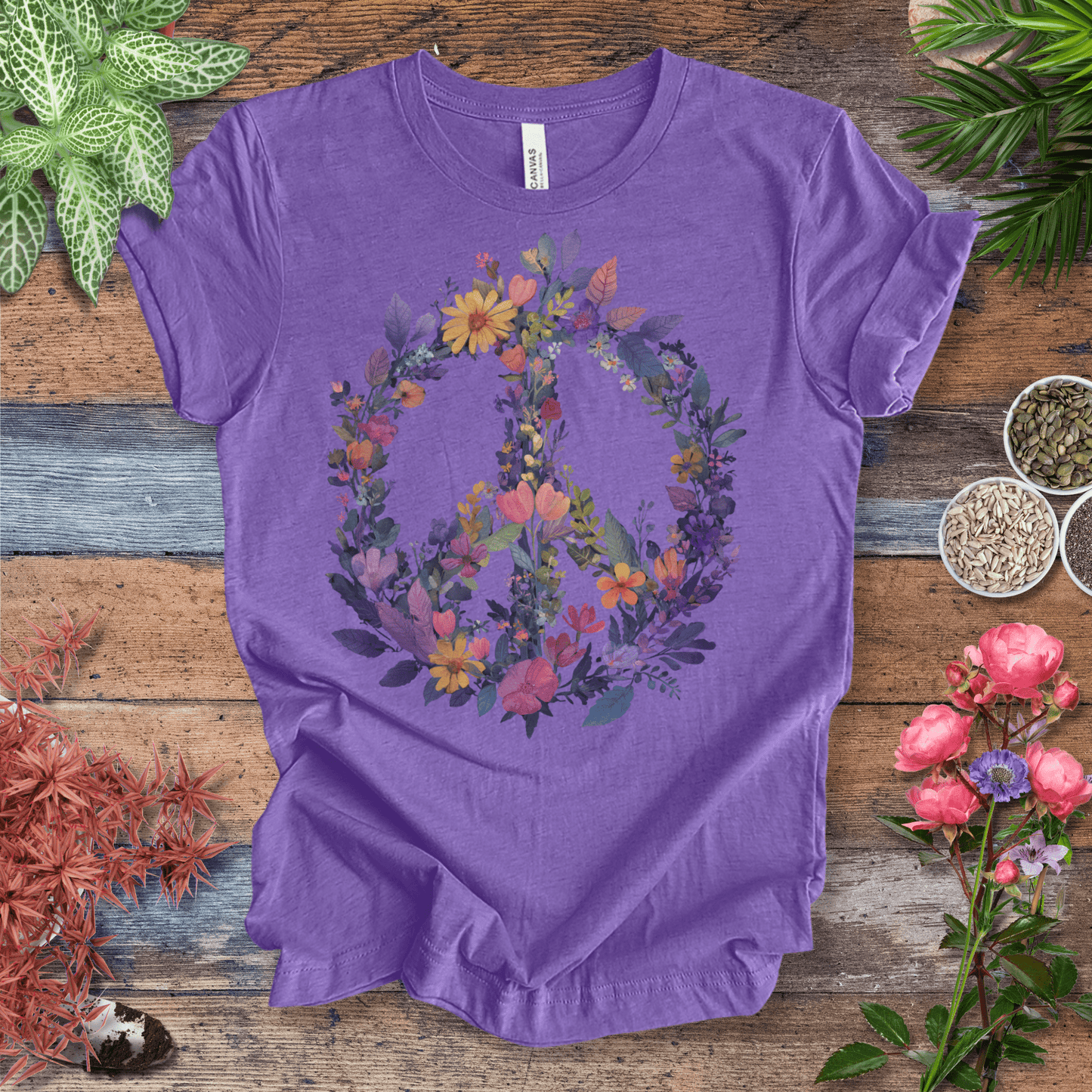 Printify T-Shirt Heather Team Purple / S Rainbow Peace Sign Floral T-Shirt – Pastel Garden Wreath Tee | Eco-Friendly Plant Lover Gift | Sustainable Unisex Tee