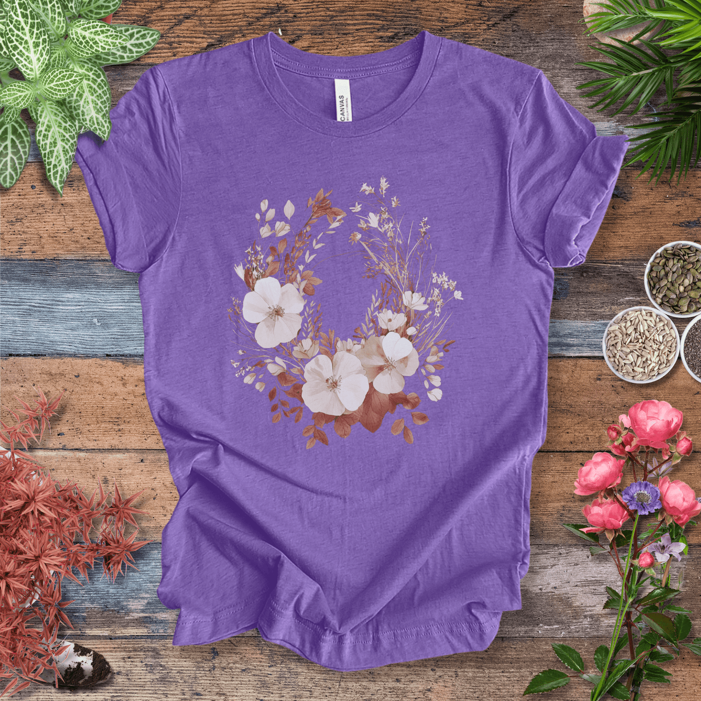 Printify T-Shirt Heather Team Purple / S Rustic Floral Wreath Botanical T-Shirt