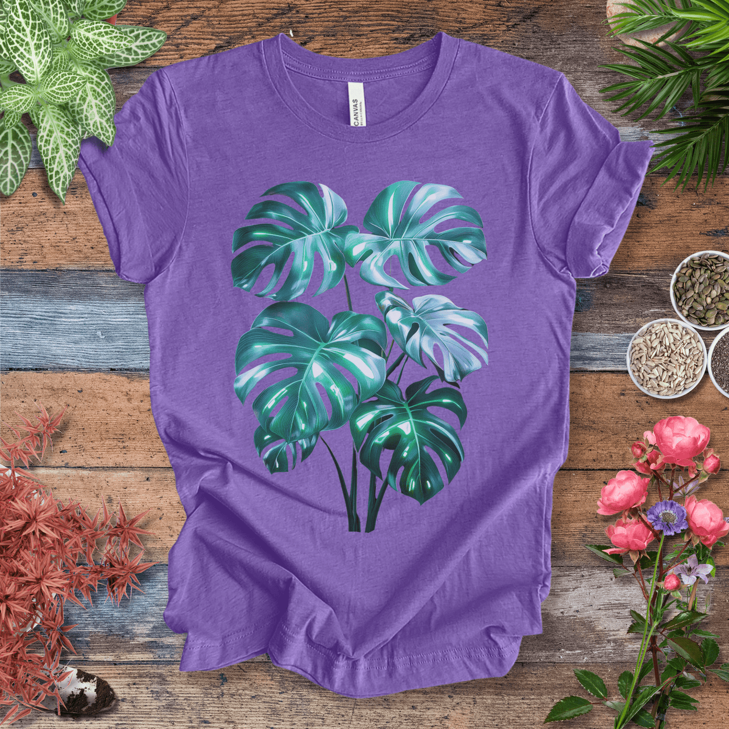 Printify T-Shirt Heather Team Purple / S Shiny Monstera Leaf Jungle Aesthetic Plant Lover T-Shirt