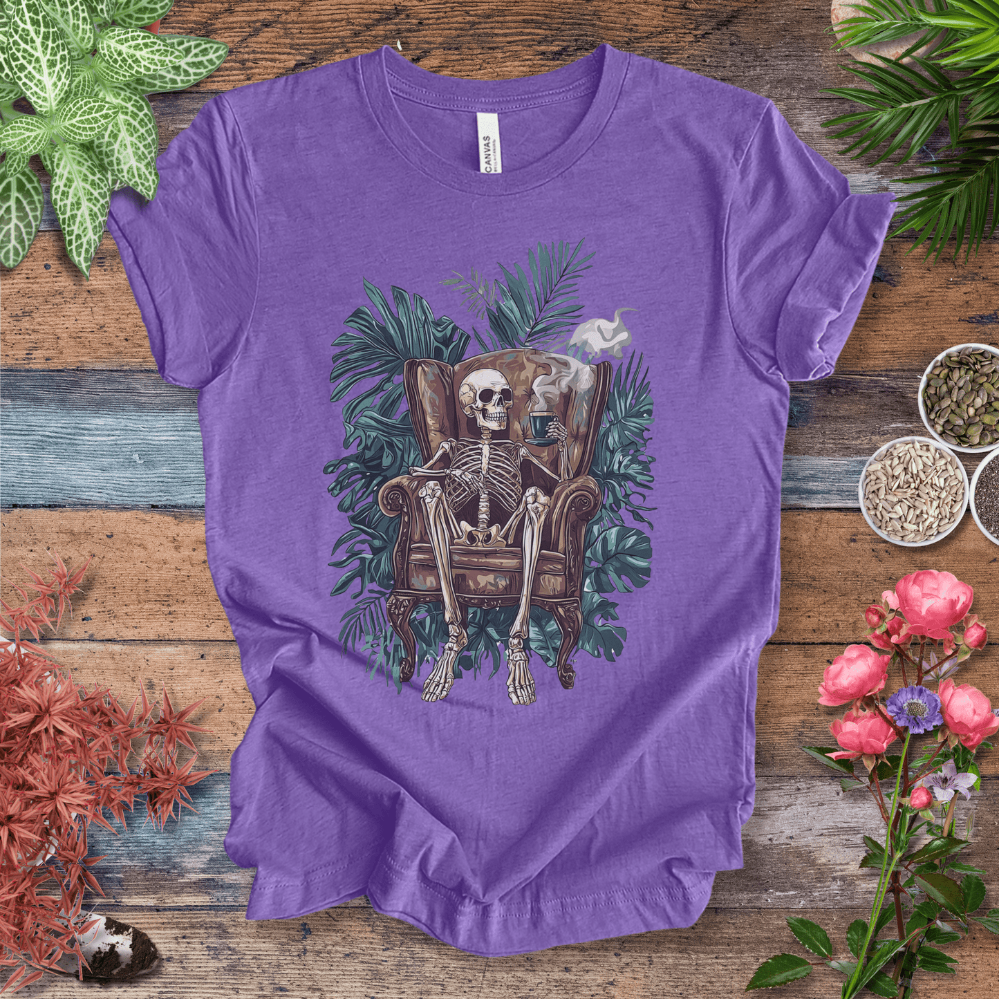 Printify T-Shirt Heather Team Purple / S Skeleton Sip Jungle Vibes T-Shirt