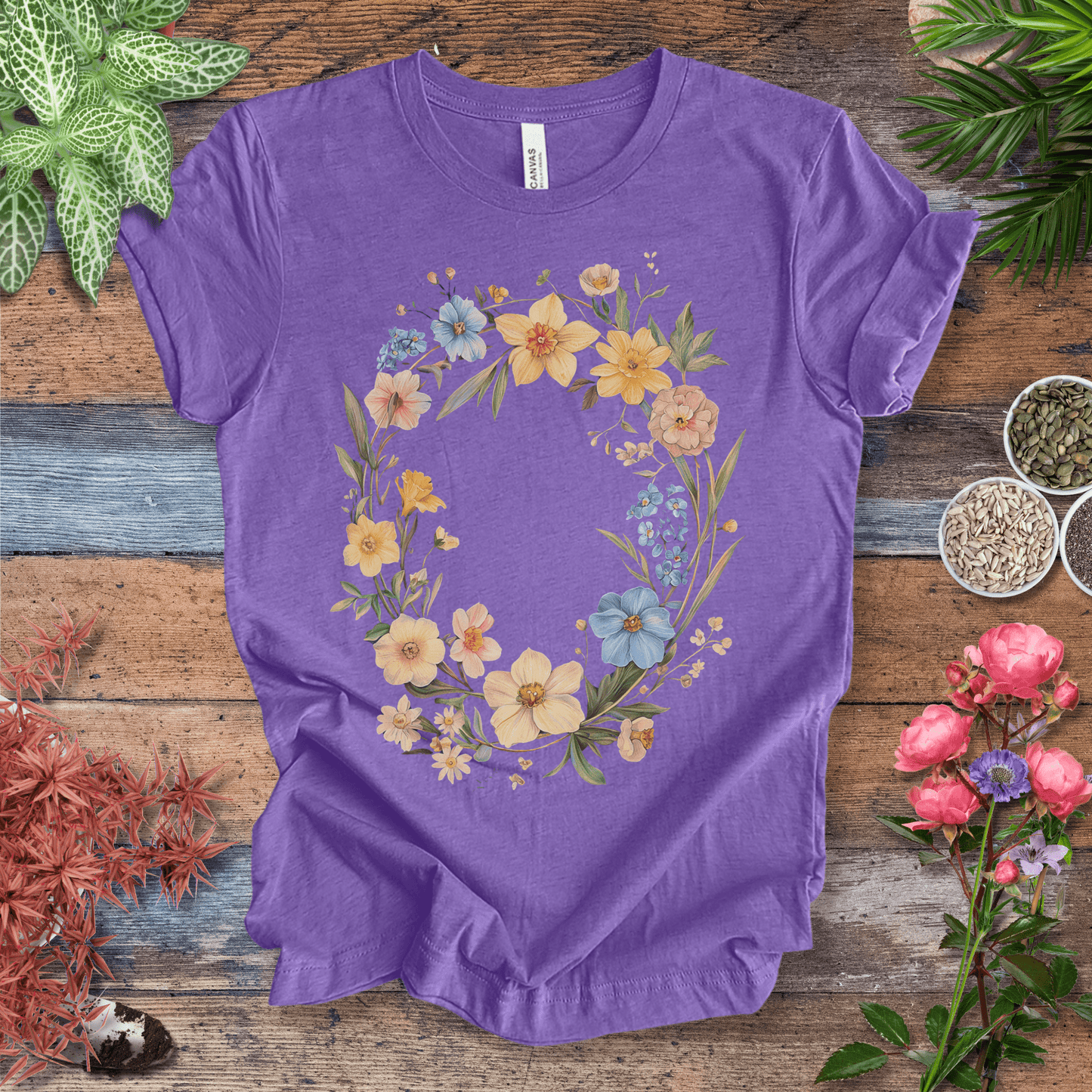 Printify T-Shirt Heather Team Purple / S Spring Meadow Floral Wreath T-Shirt
