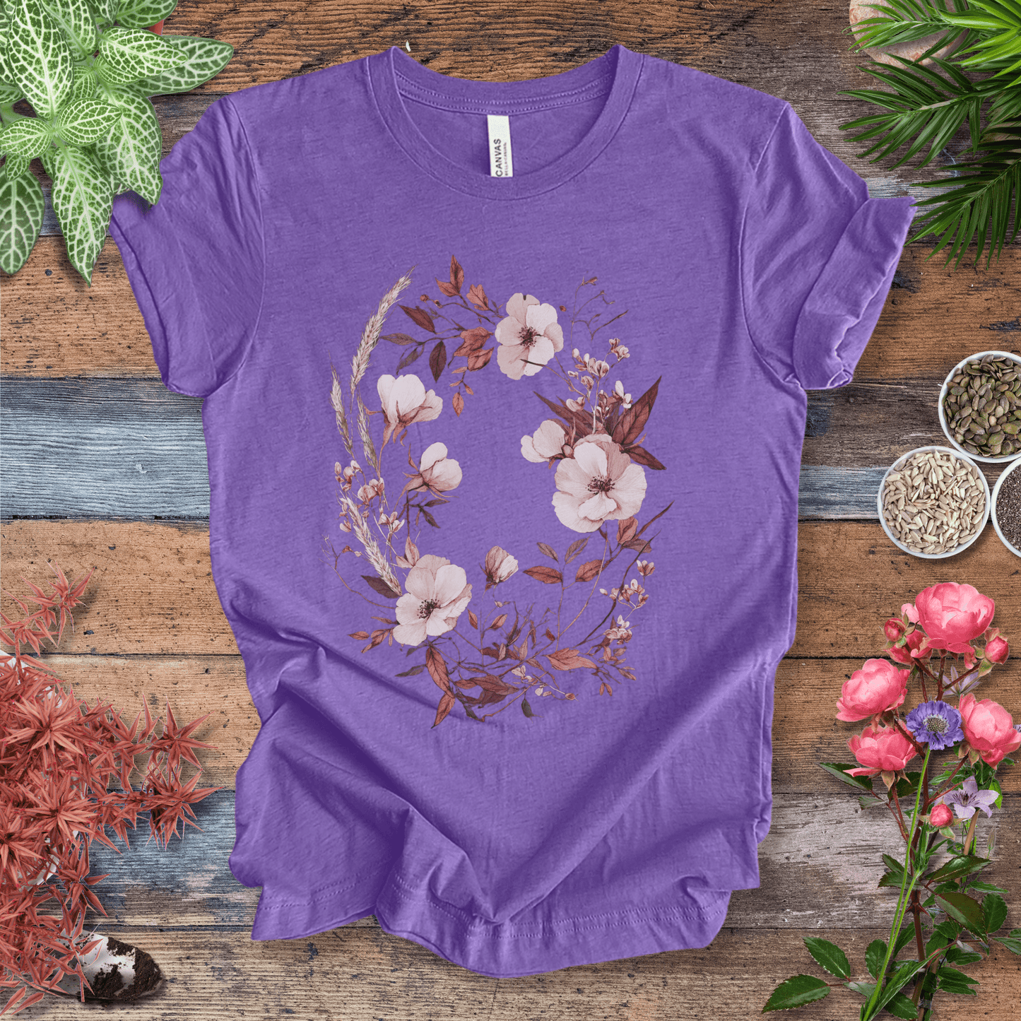 Printify T-Shirt Heather Team Purple / S Vintage Floral Wreath Botanical T-Shirt