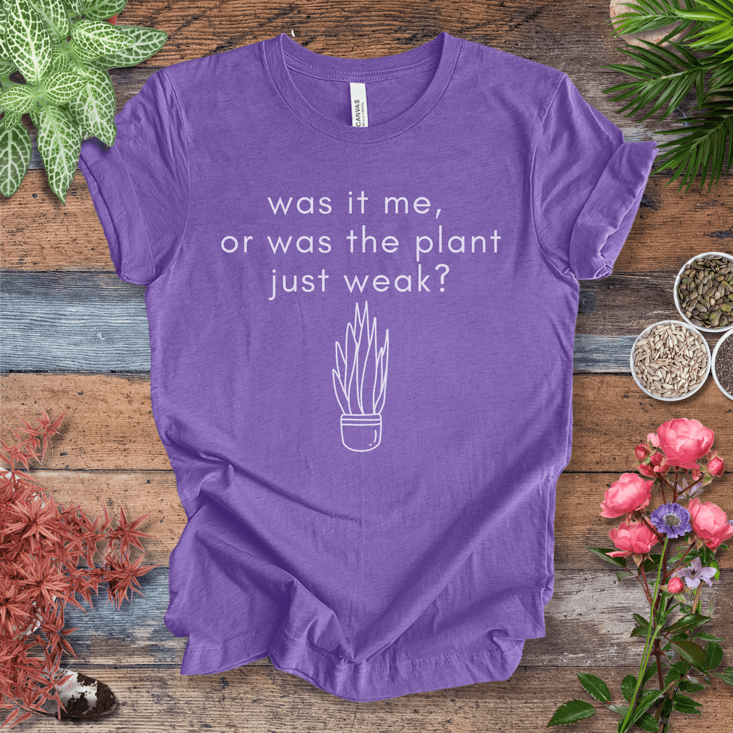 Printify T-Shirt Heather Team Purple / S Was It Me, or Was the Plant Just Weak? – Snake Plant Edition | Funny Houseplant Tee