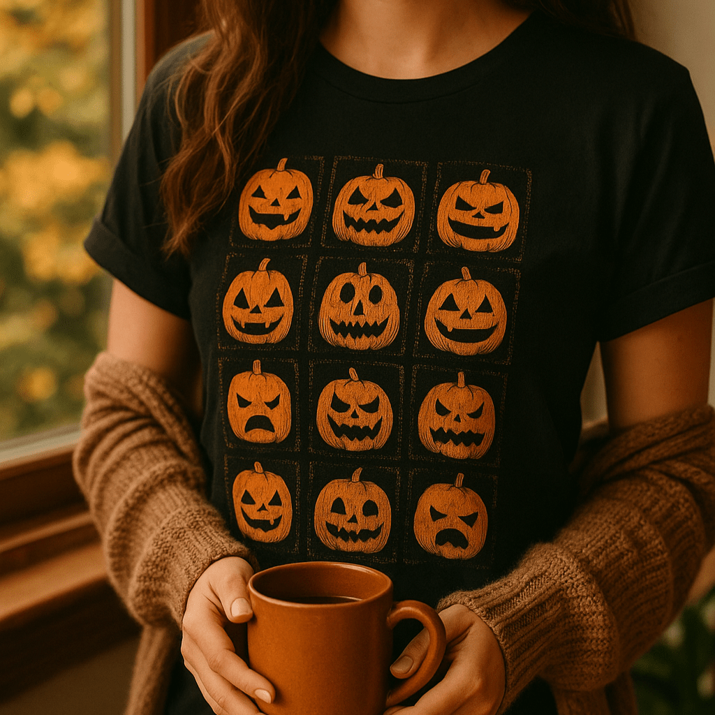Printify T-Shirt Jack-O’-Lantern Faces Halloween Shirt – Vintage Pumpkin Tee