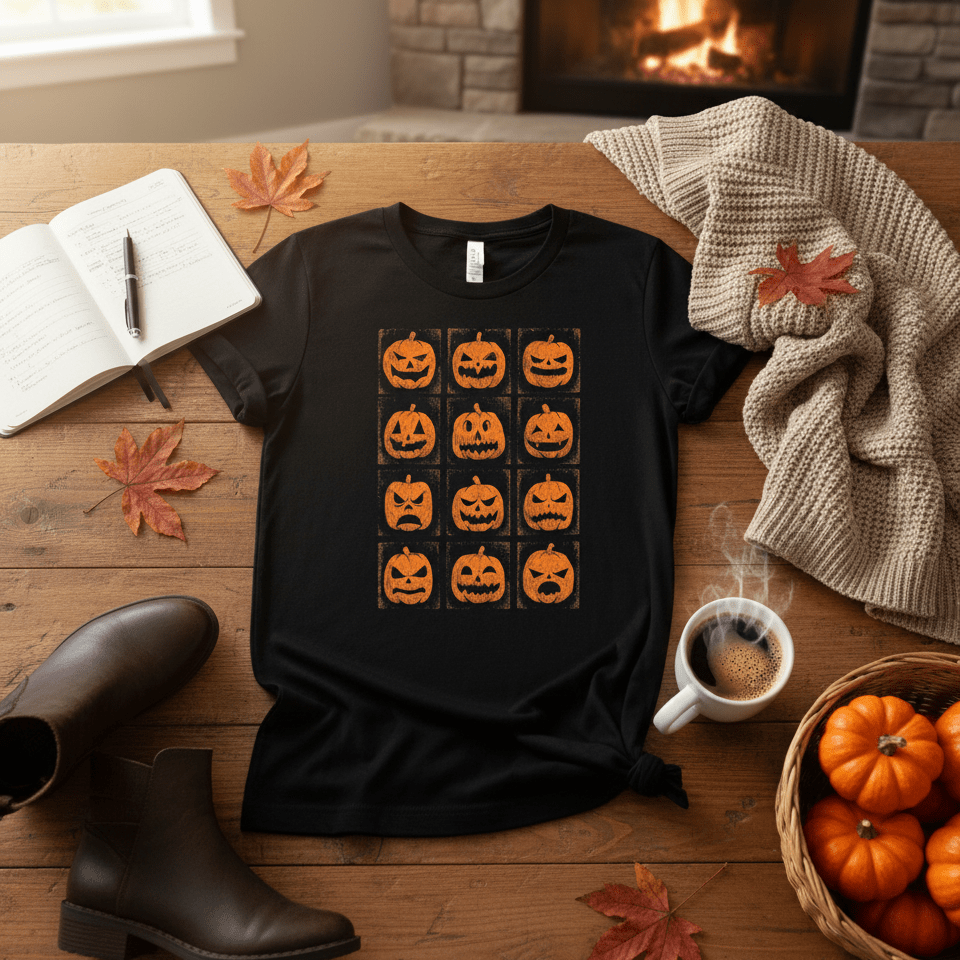 Printify T-Shirt Jack-O’-Lantern Faces Halloween Shirt – Vintage Pumpkin Tee